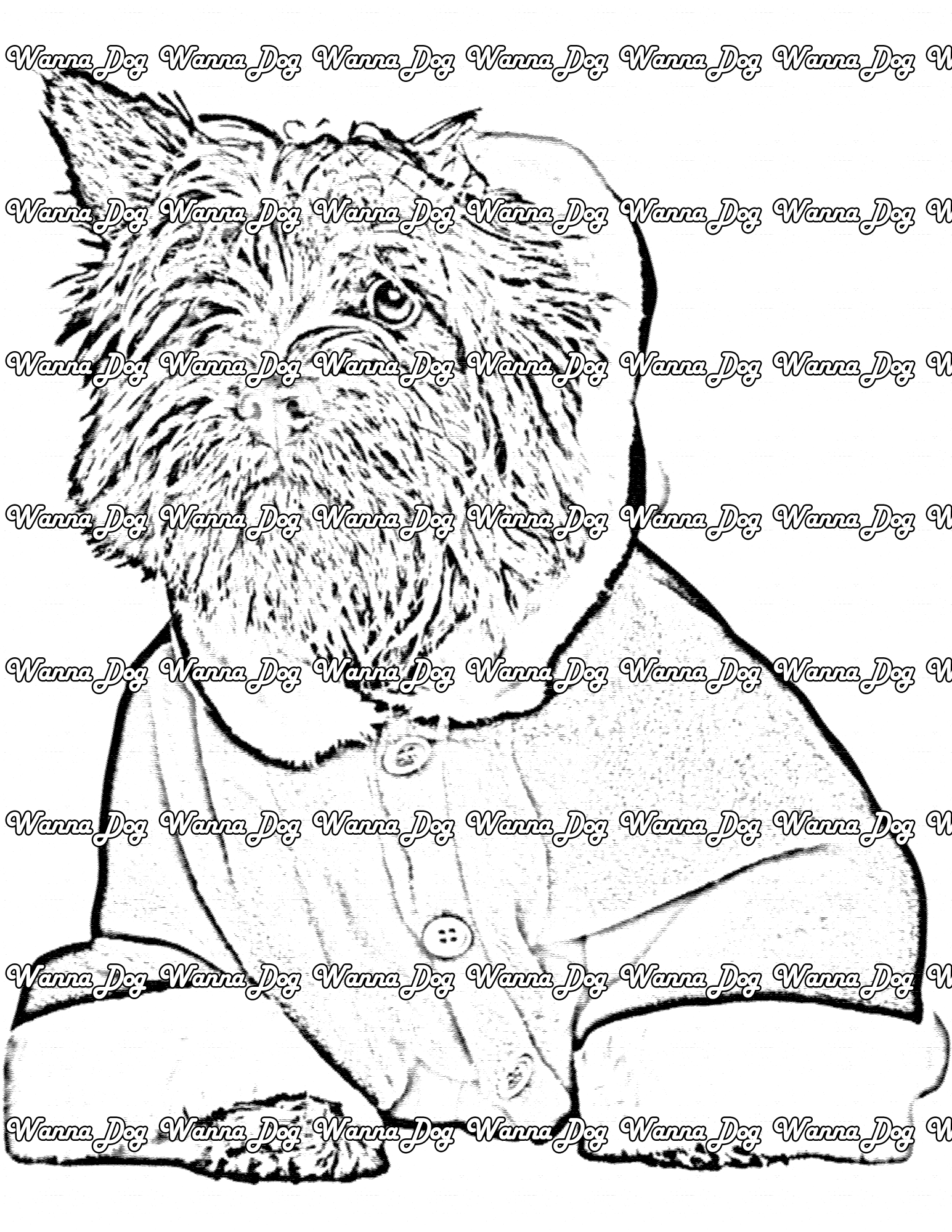 Cairn Terrier Coloring Page of a Cairn Terrier wearing a santa suit