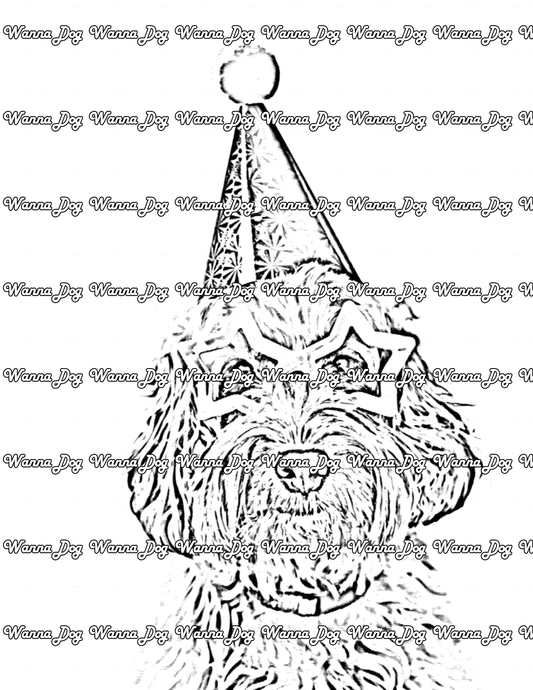 Cockapoo Coloring Page of a Cockapoo wearing a birthday hat and festive star glasses