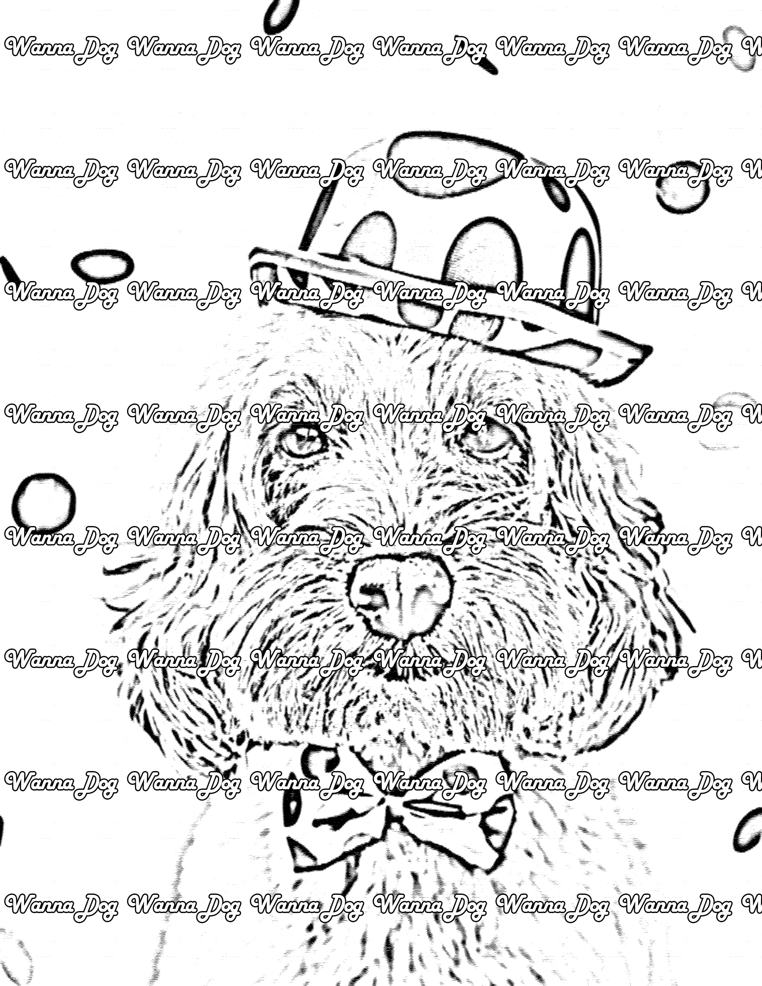 Cockapoo Coloring Page of a Cockapoo wearing a bowtie and bowler hat
