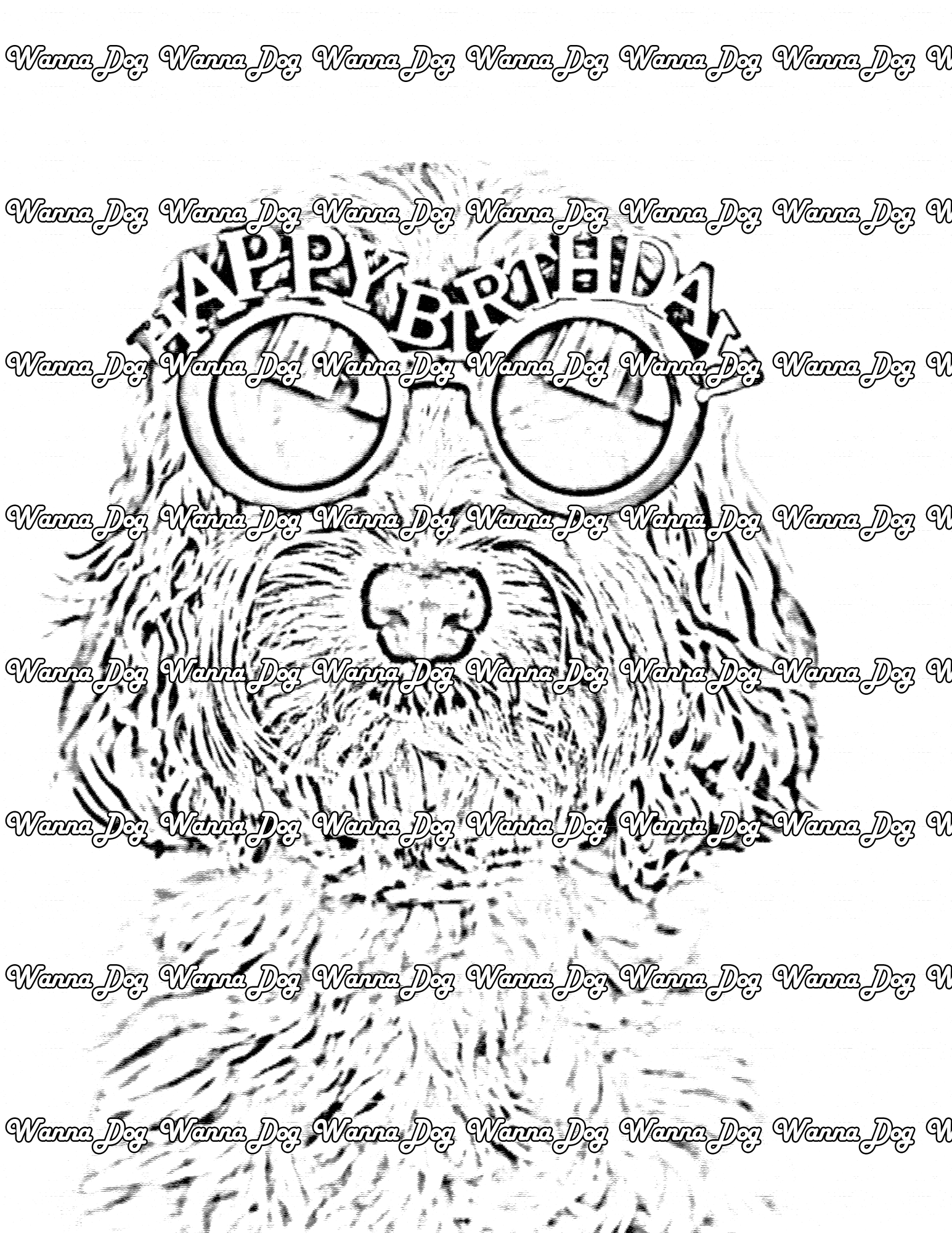 Cockapoo Coloring Page of a Cockapoo wearing birthday glasses