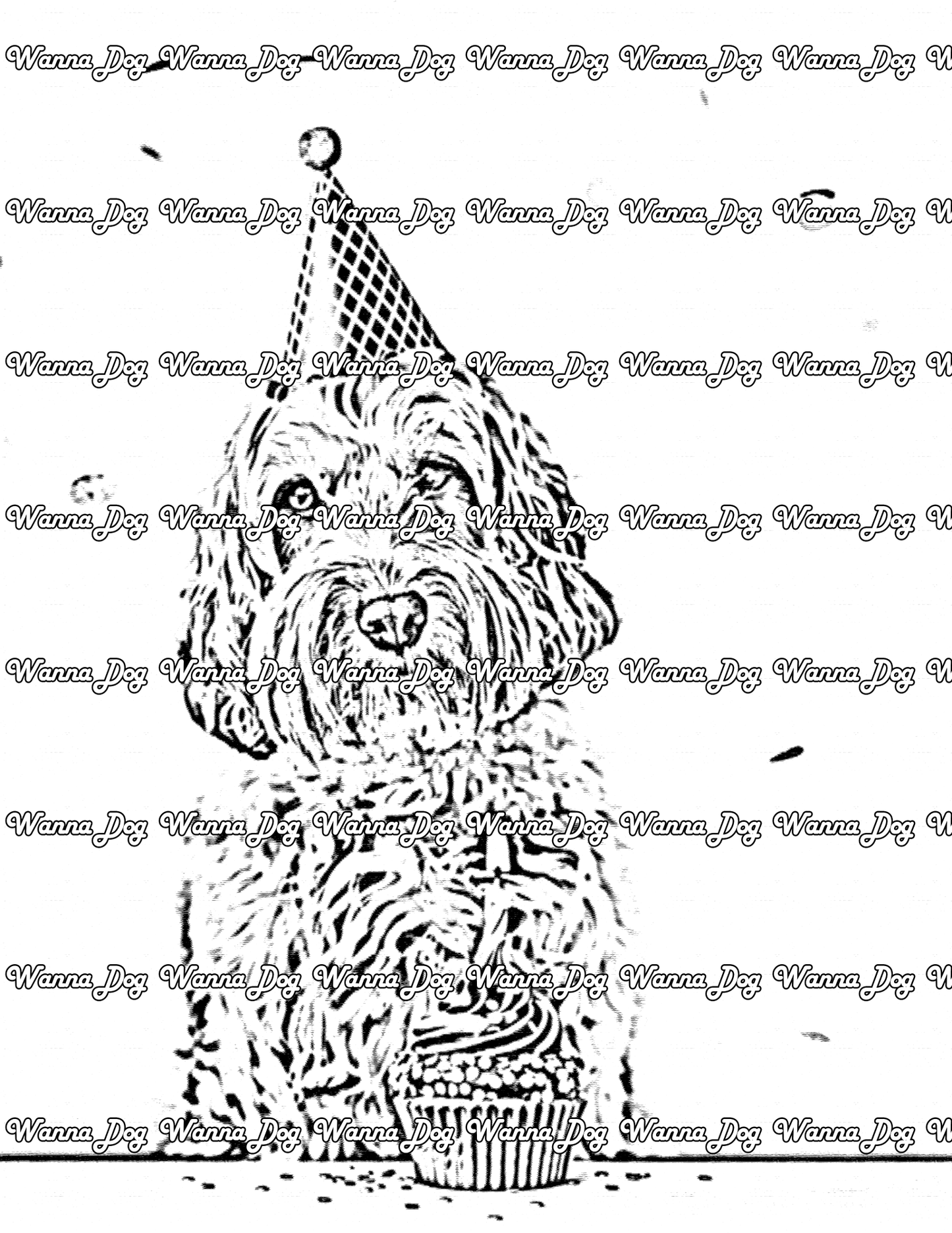 Cockapoo Coloring Page of a Cockapoo with a cupcake and birthday hat