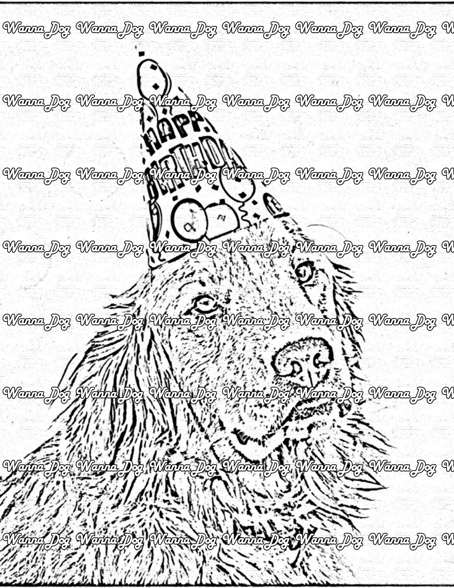 Golden Retriever Coloring Page of a Golden Retriever in a birthday hat