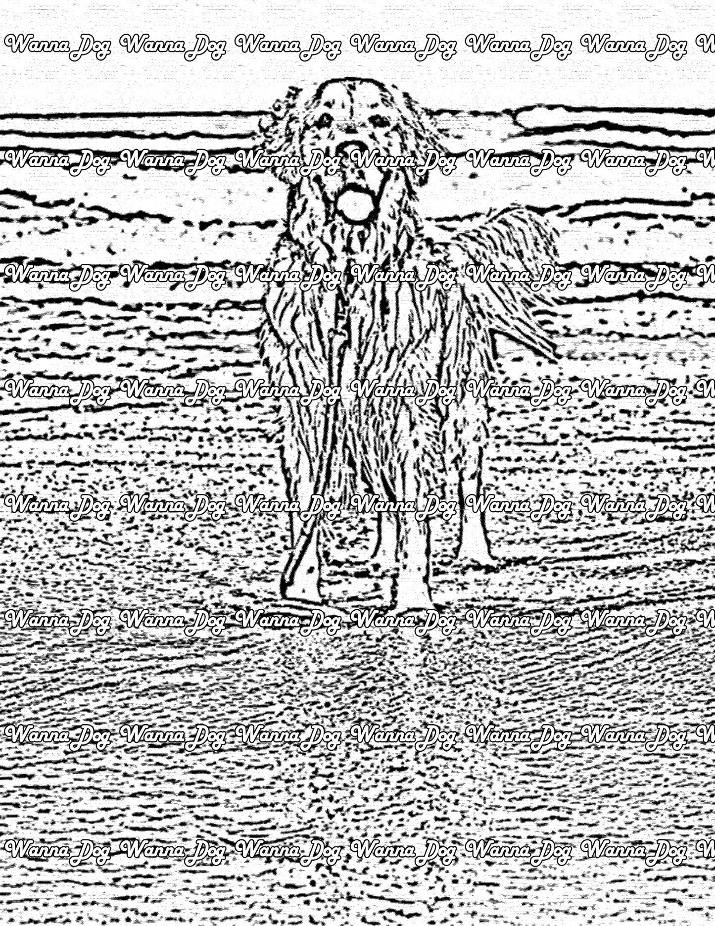Golden Retriever Coloring Page of a Golden Retriever at the beach with waves behind them