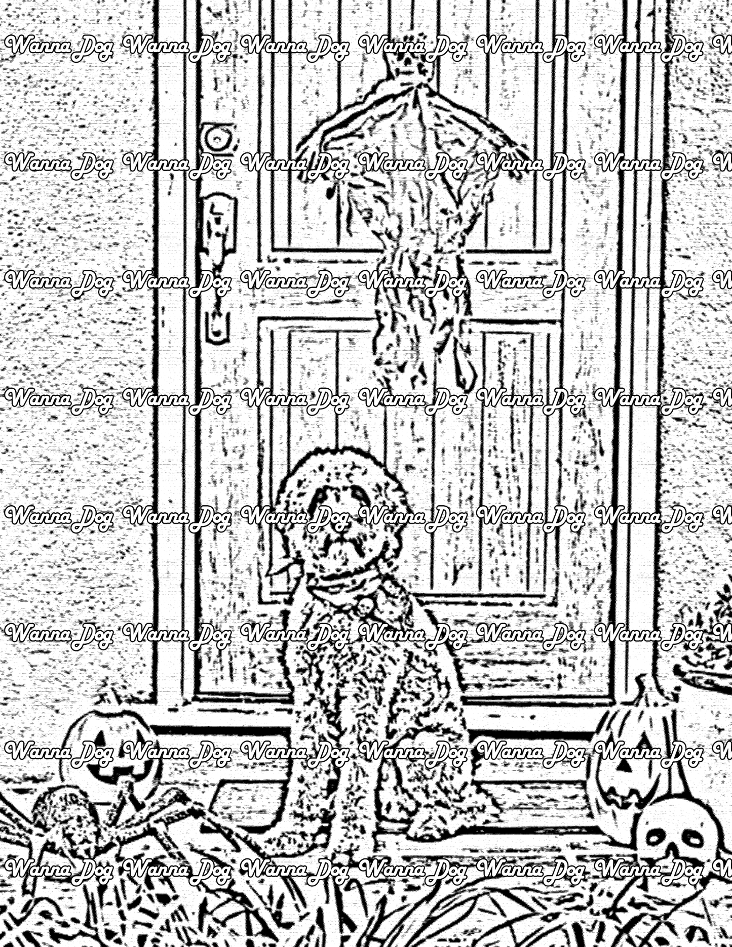 Goldendoodle Coloring Page of a Goldendoodle sitting in front of Halloween decorations