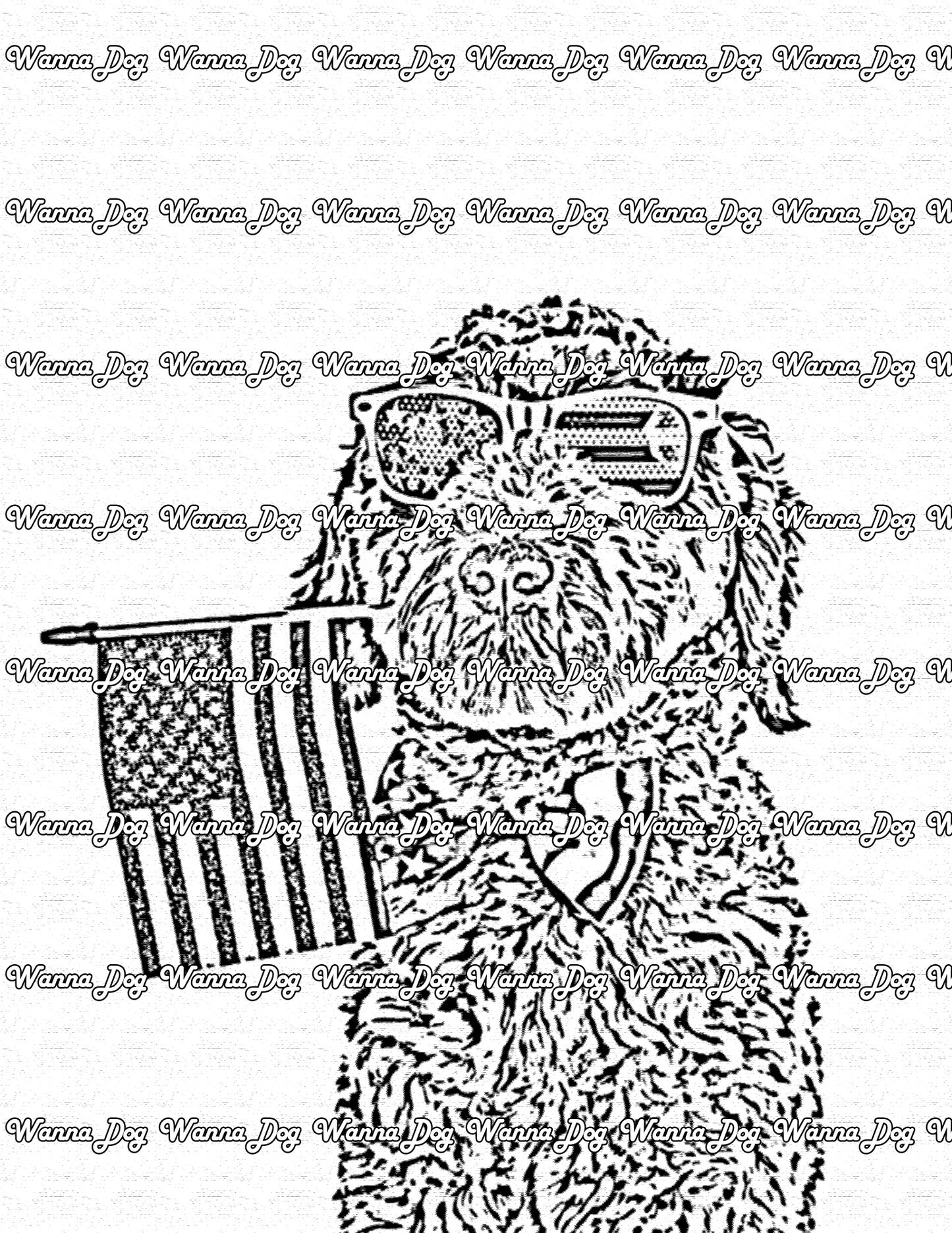 Goldendoodle Coloring Page of a Goldendoodle holding a USA flag, wearing a bowtie, and sunglasses