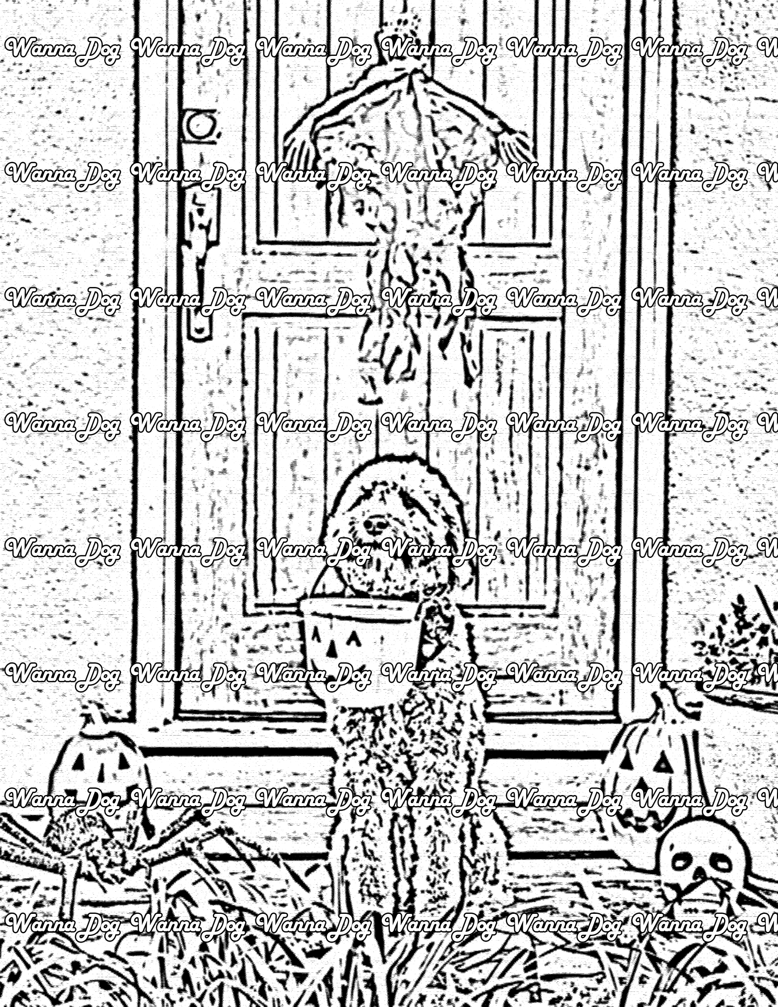 Goldendoodle Coloring Page of a Goldendoodle holding a Halloween basket in front of Halloween decorations