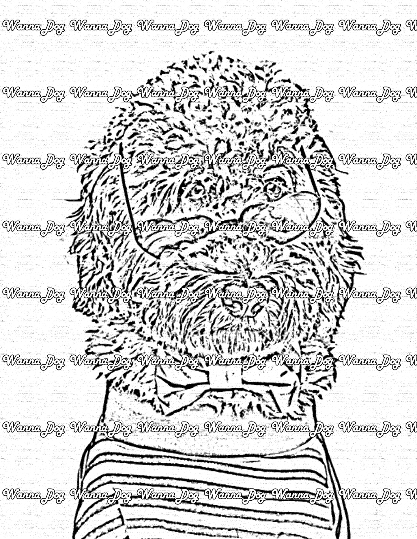 Goldendoodle Coloring Page of a Goldendoodle wearing a striped shirt and heart shaped sunglasses