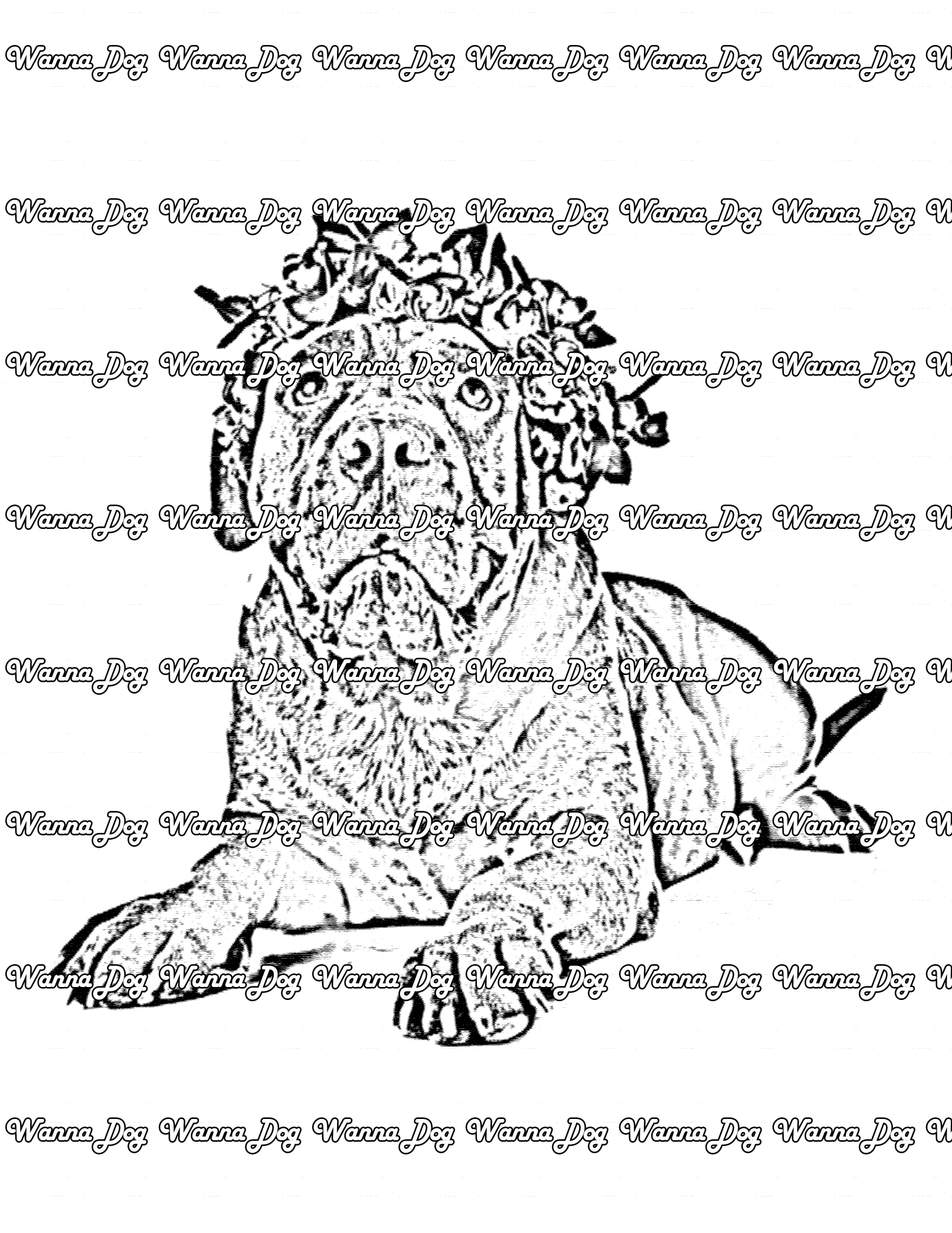 Mastiff Coloring Page of a Mastiff wearing a flower crown
