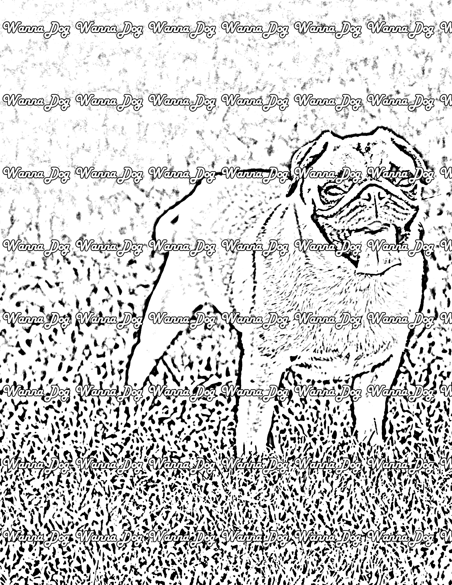 Pug Coloring Page of a pug in grass with the tongue out