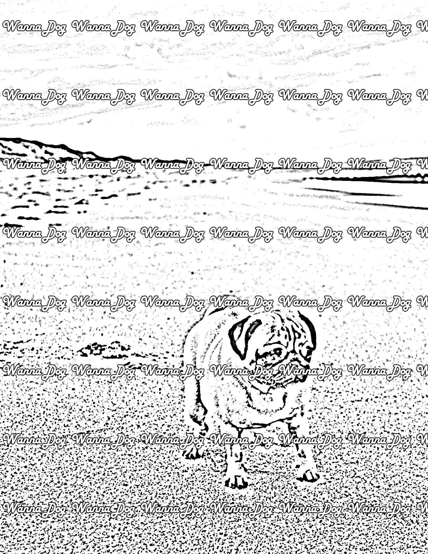 Pug Coloring Page of a pug at the beach