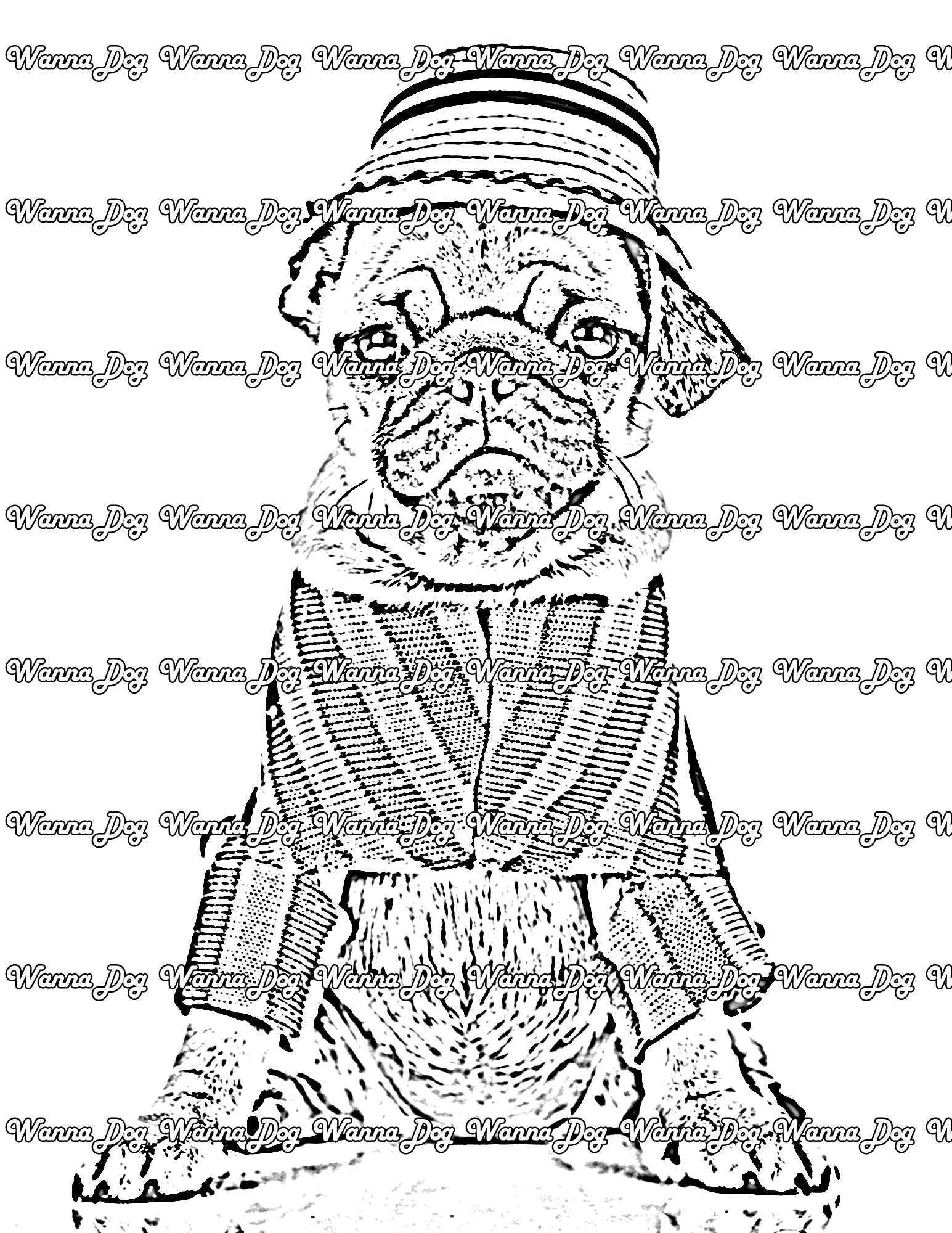 Pug Coloring Page of a pug in dog clothing