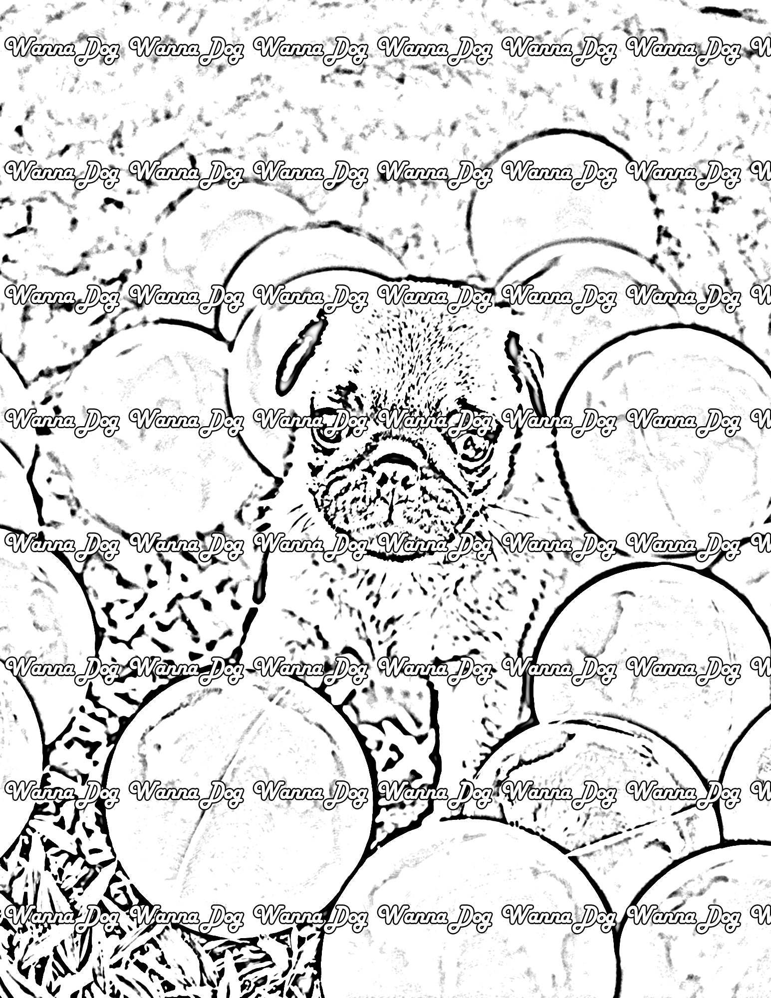 Pug Coloring Page of a pug in grass with Easter eggs