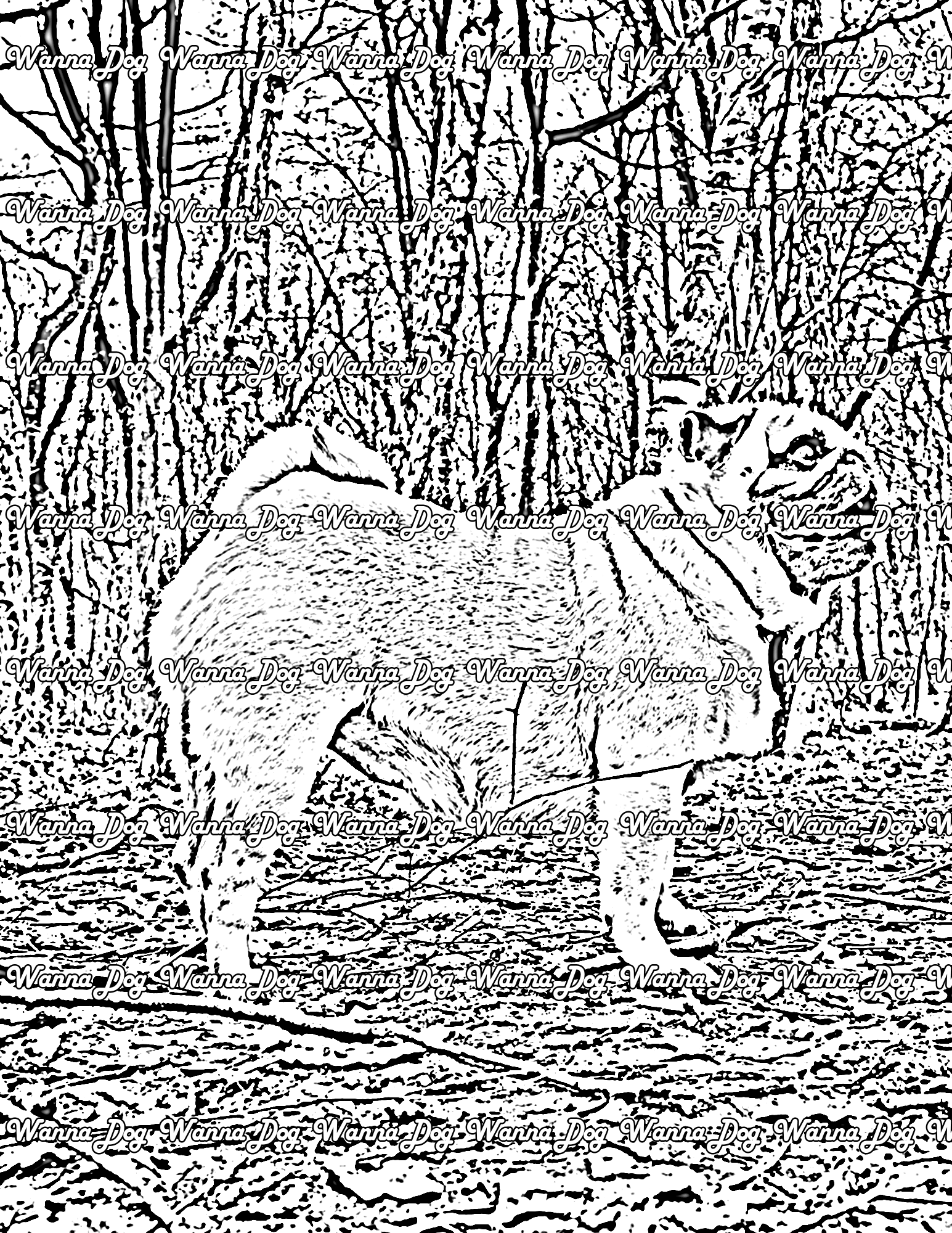 Pug Coloring Page of a pug in the woods