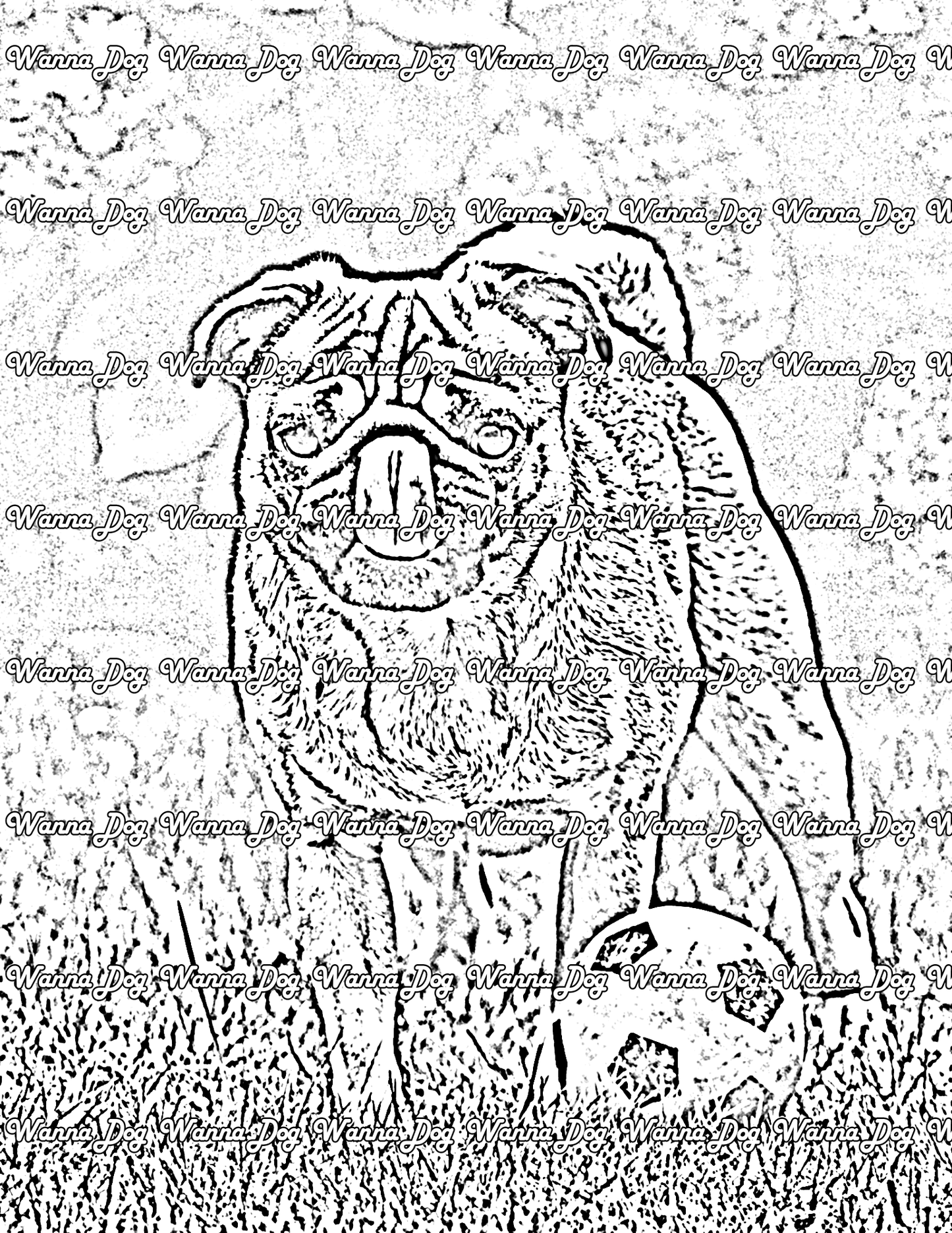 A Pug Coloring Page of a pug playing with a soccer ball