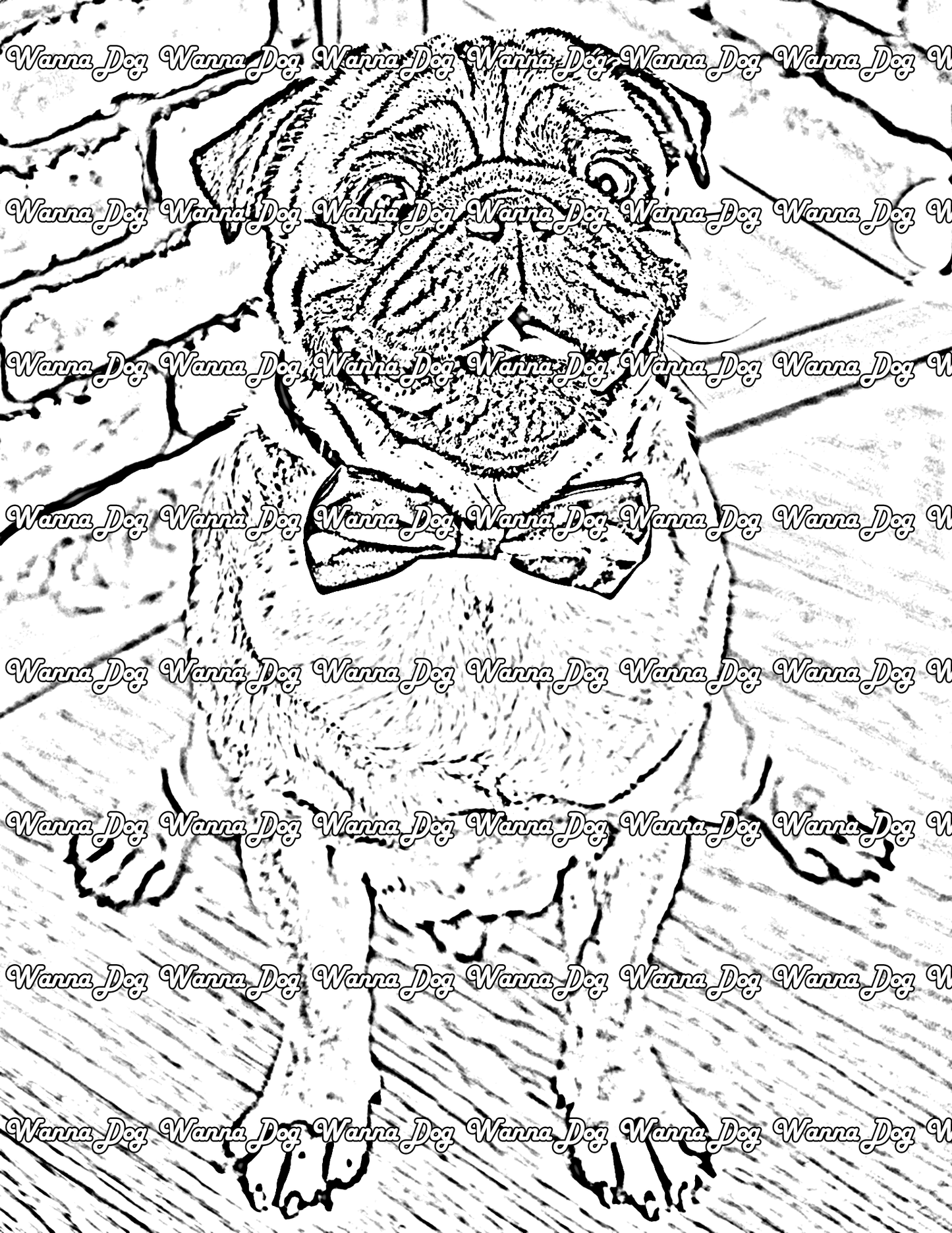 Pug Coloring Page of a pug in a bowtie