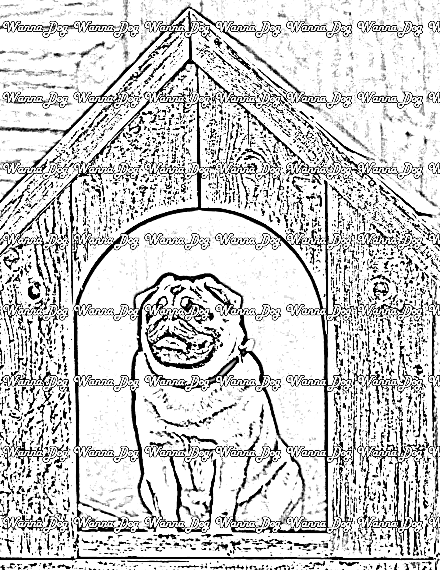 Pug Coloring Page  of a pug in a dog house
