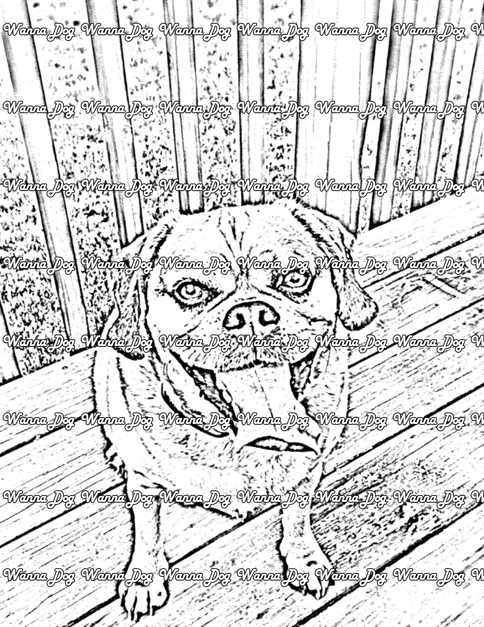 Puggle Coloring Page of a Puggle sitting outside on a deck
