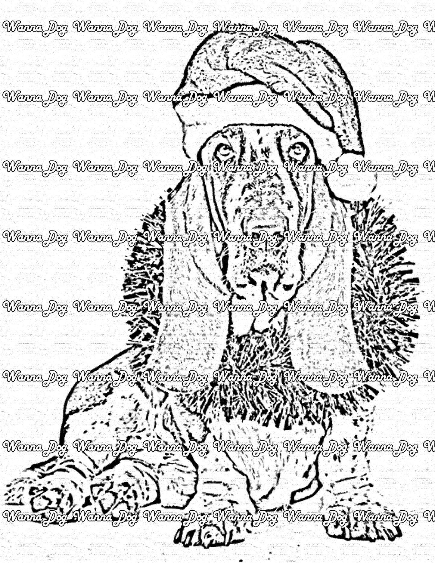 Basset Hound Coloring Page of a Basset Hound in a santa hat