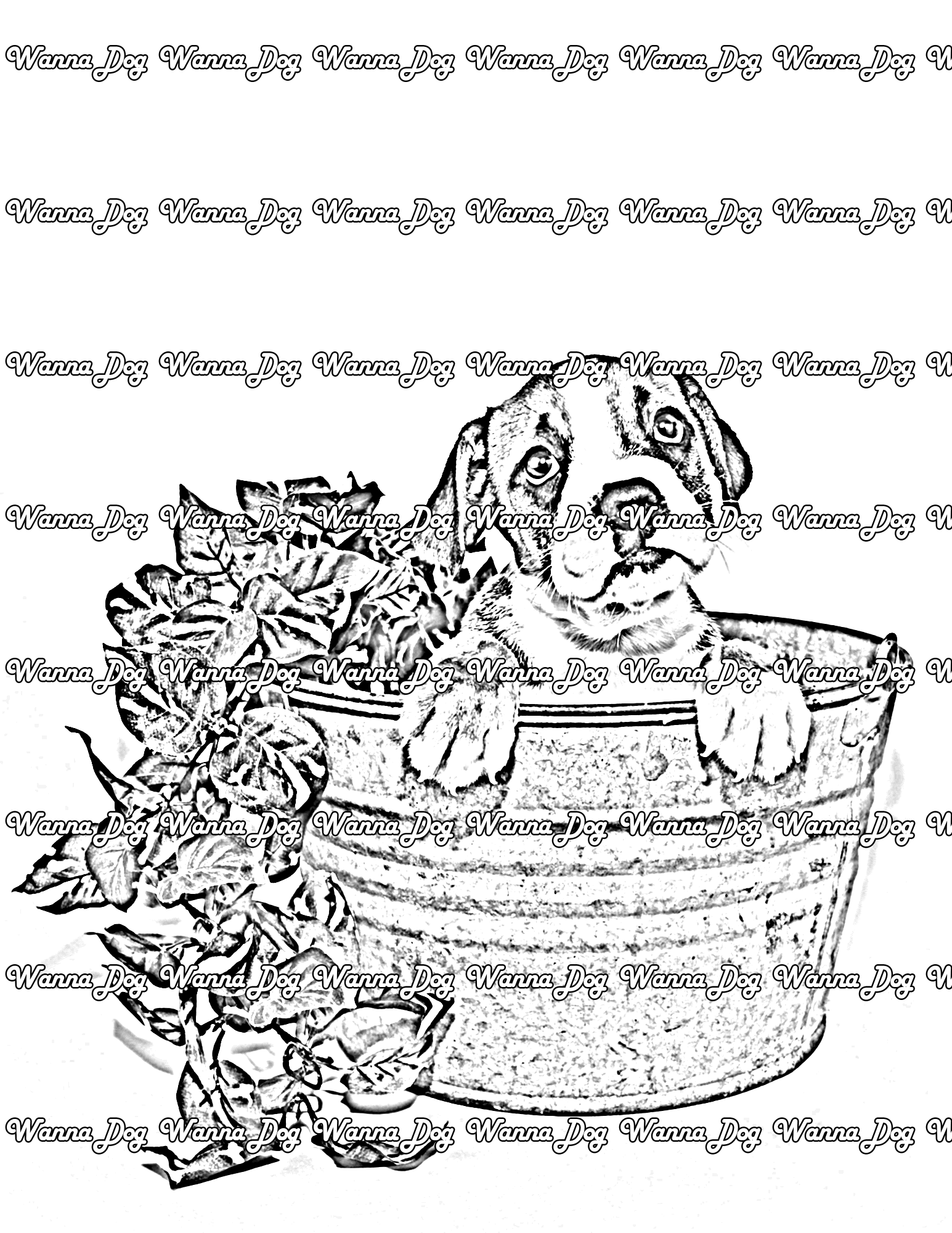 Bulldog Puppy Coloring Page of a Bulldog Puppy sitting in a bucket with leaves
