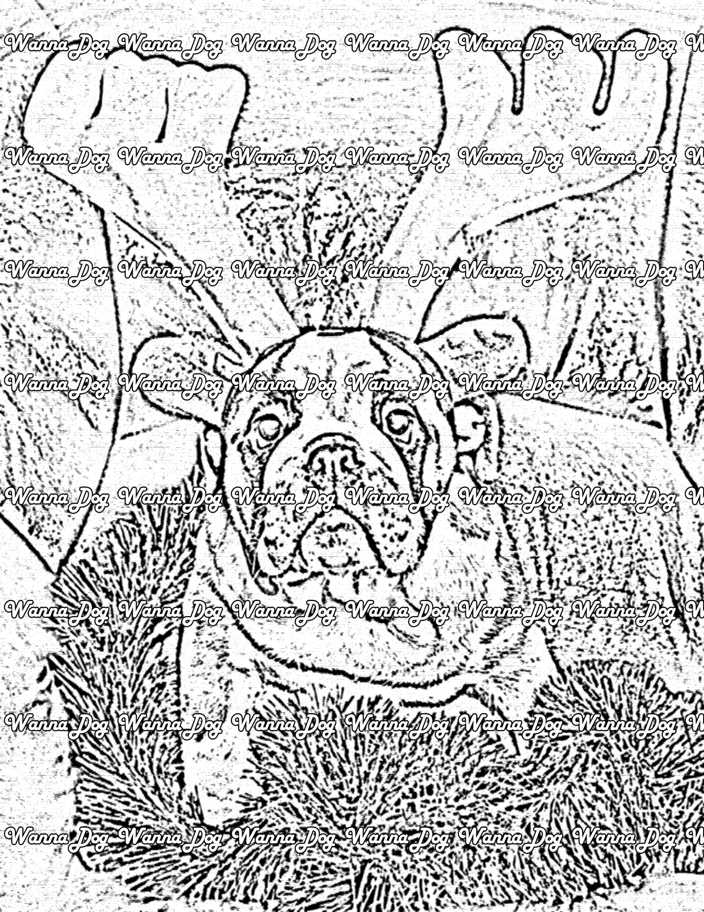 Bulldog Coloring Pages of a bulldog on the couch with holiday decorations and antlers