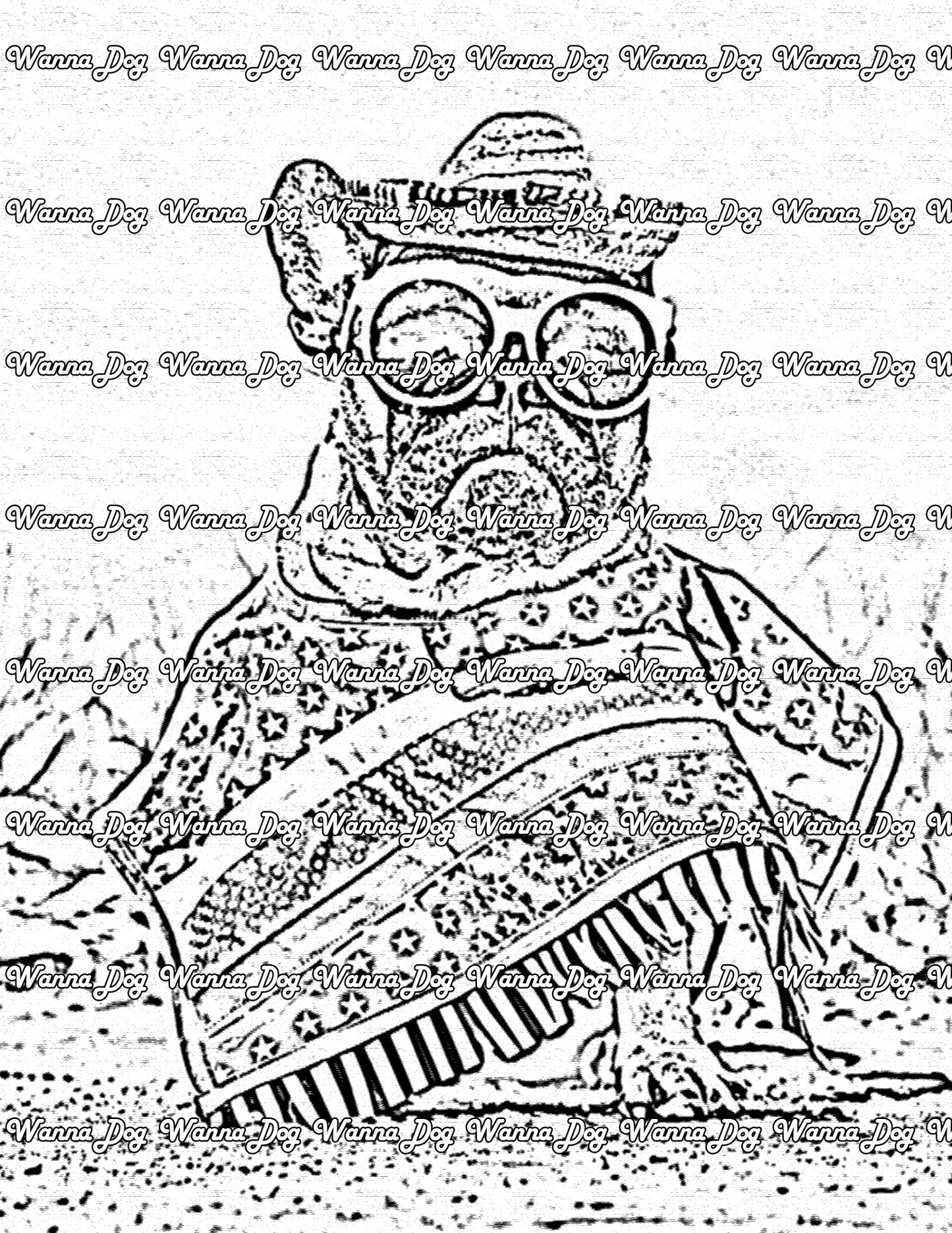 Bulldog Coloring Page of a bulldog in clothing and a hat