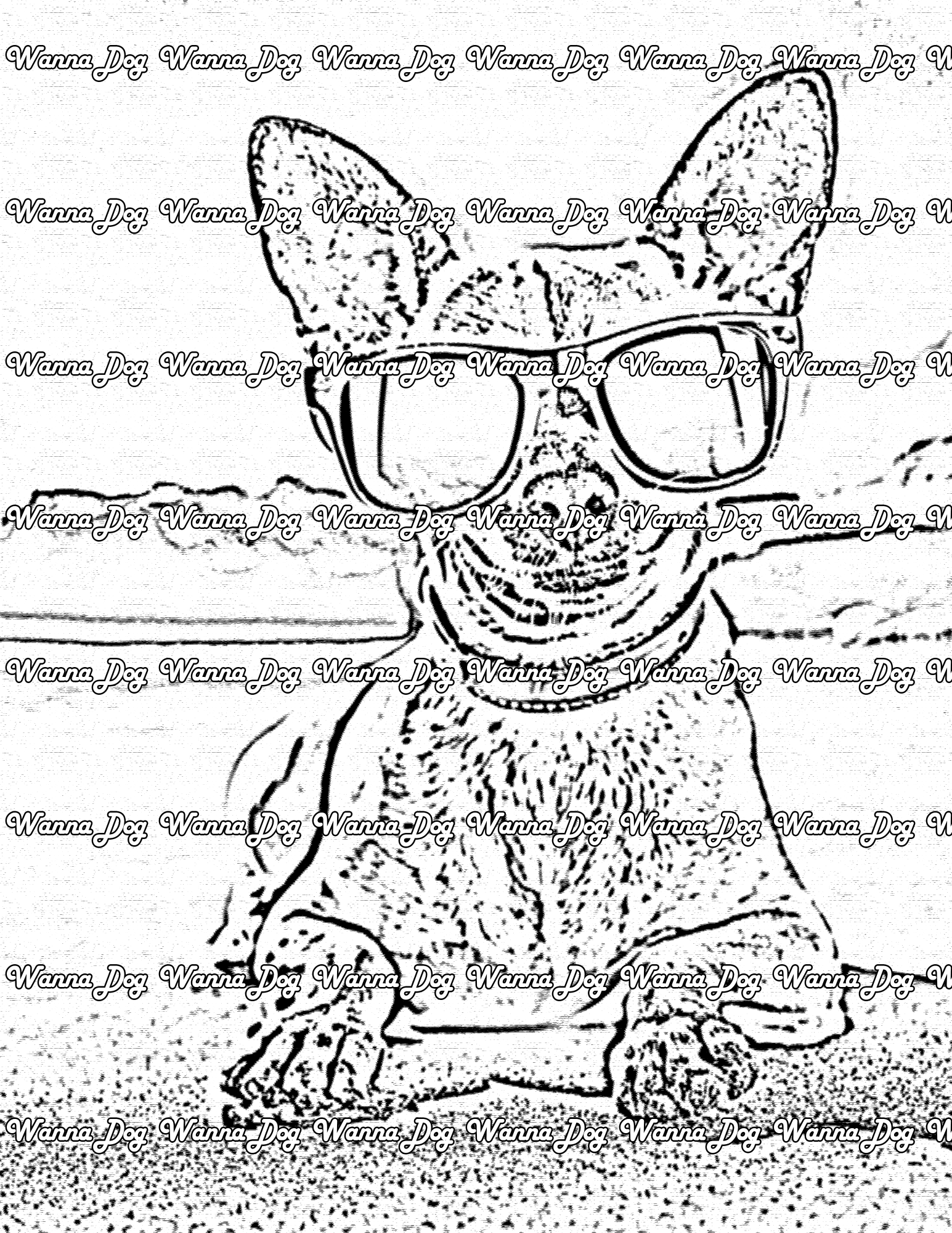 Chihuahua Coloring Page of a Chihuahua sitting on a beach in sunglasses