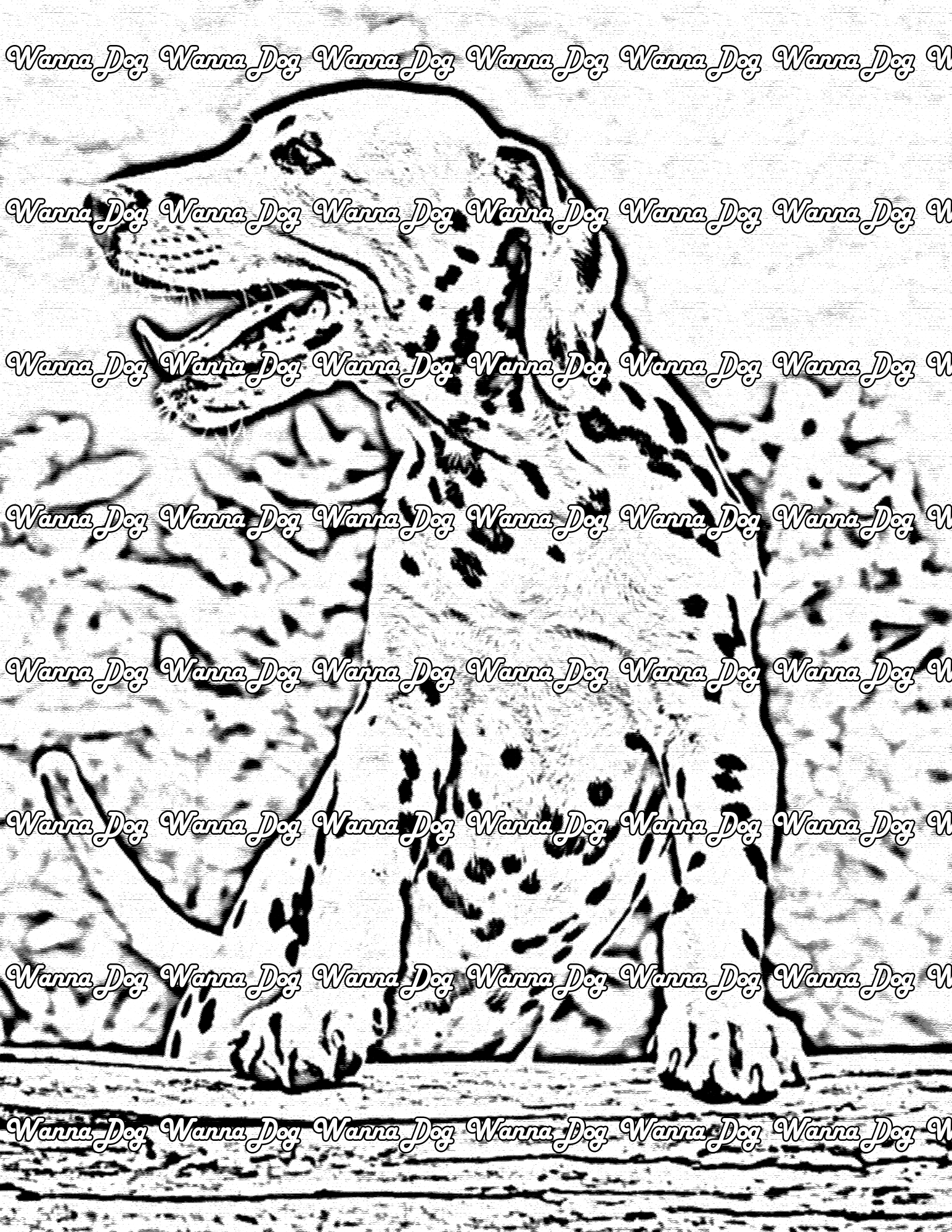 Dalmatian Puppy Coloring Page of a Dalmatian Puppy outside standing on a log