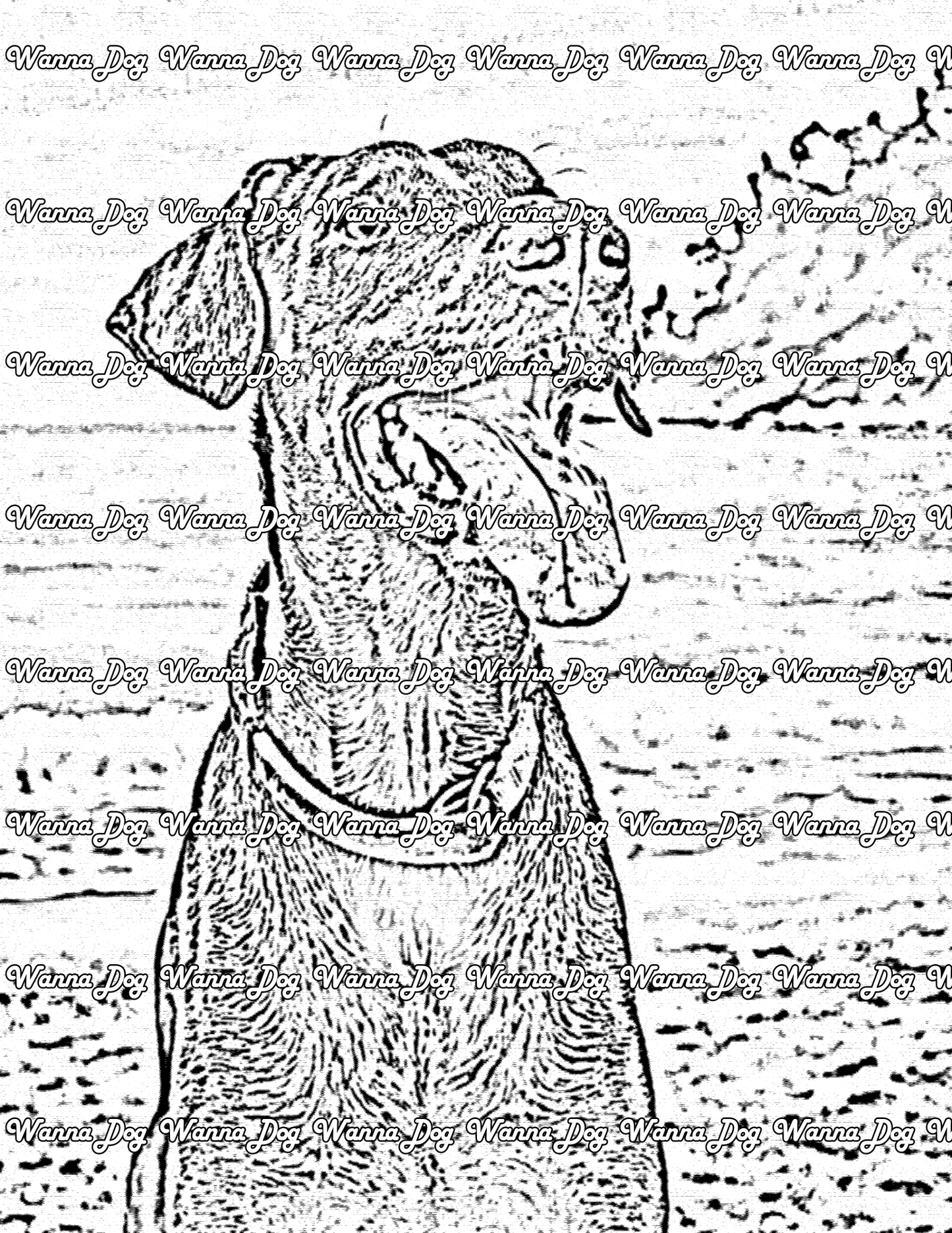Doberman Coloring Page of a Doberman at the beach with their tongue out, away from the water