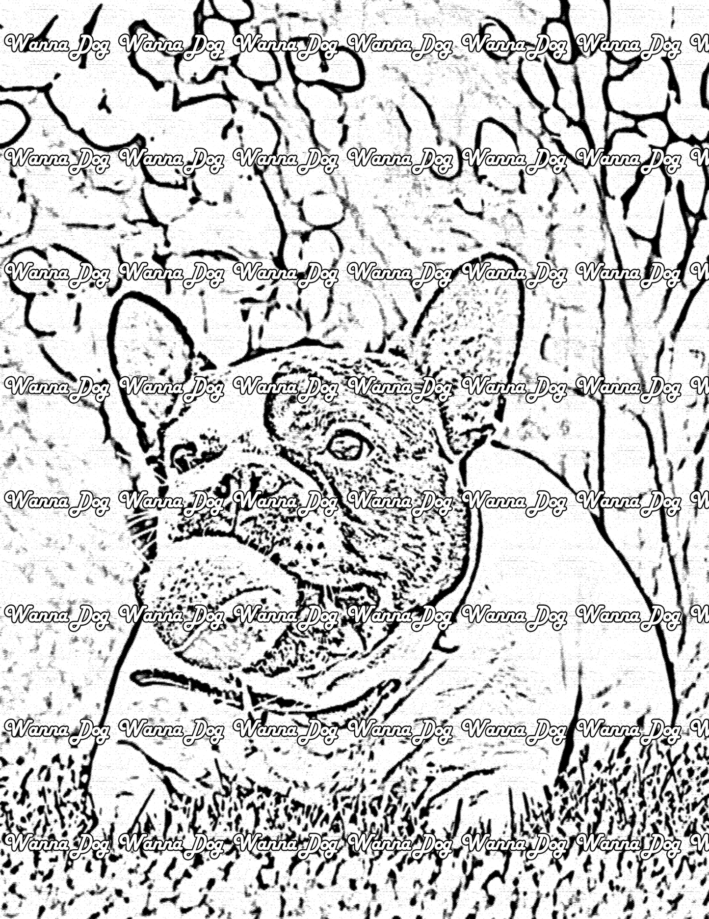 French Bulldog Coloring Page of a French Bulldog with a tennis ball in their mouth
