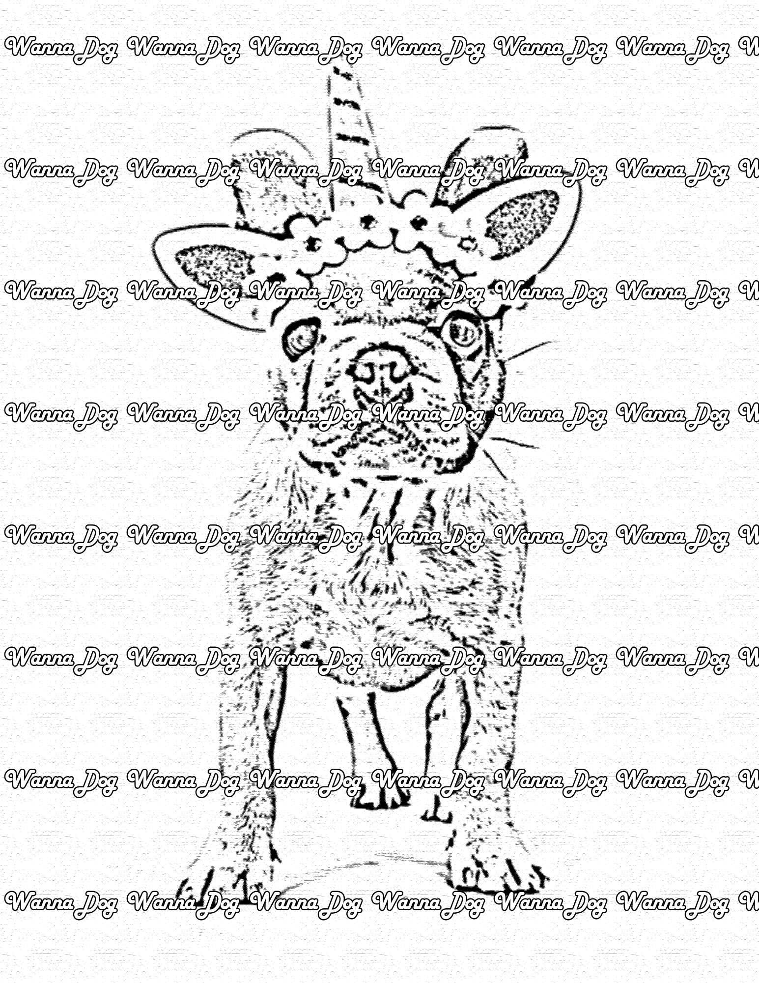 French Bulldog Coloring Page of a French Bulldog with a horn and flower crown