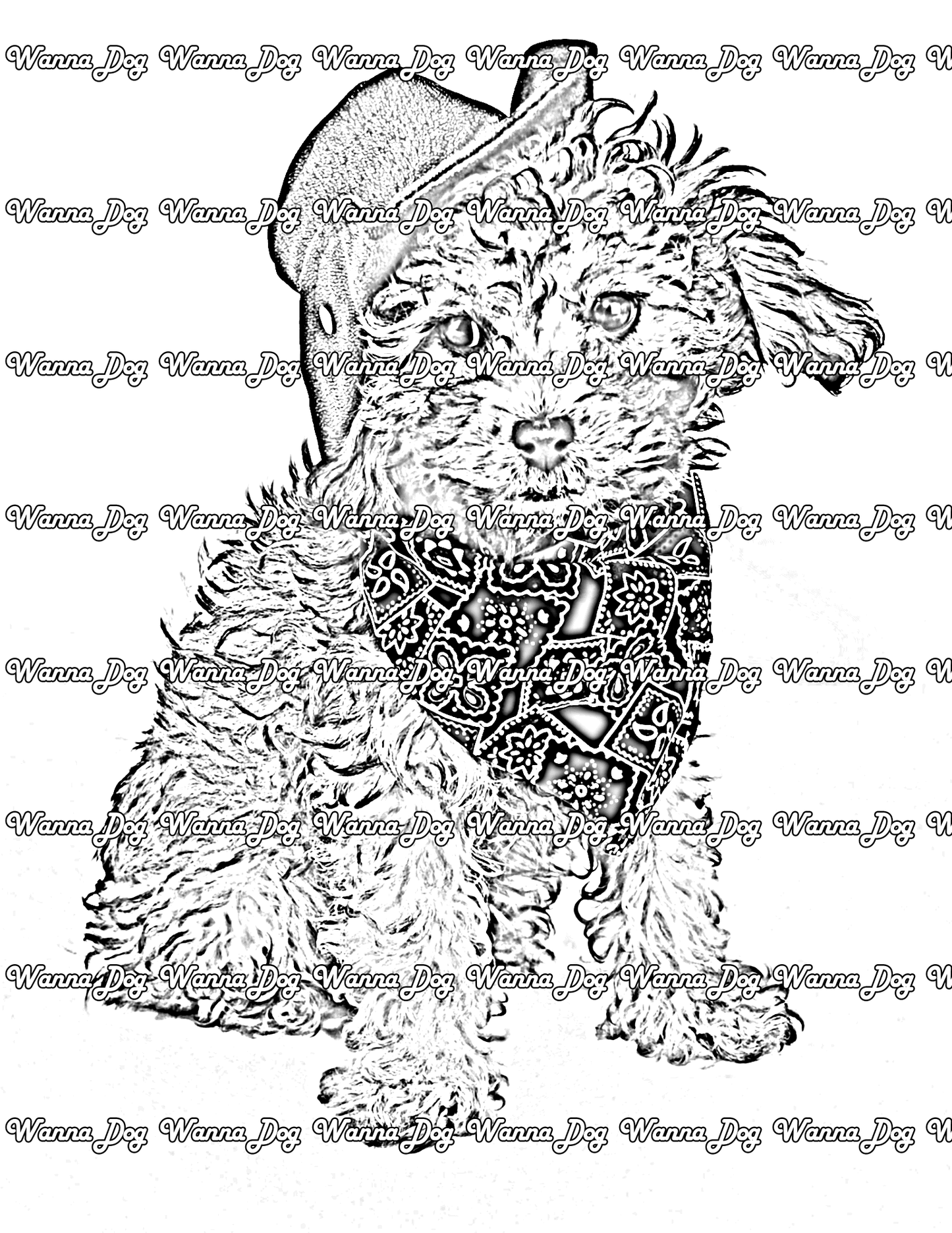 Halloween Puppy Coloring Page of a puppy sitting down and dressed as a cowboy