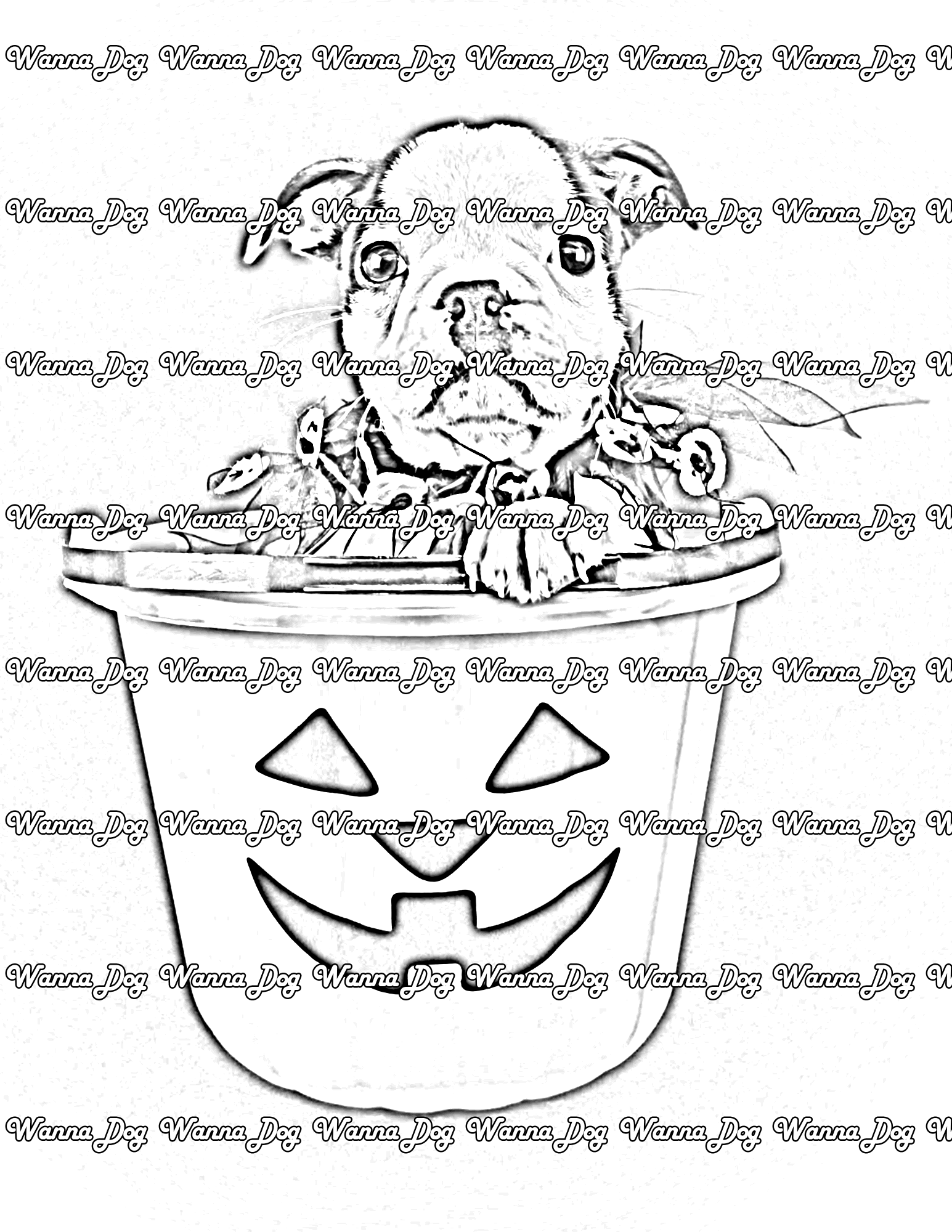 Halloween Puppy Coloring Page of a bulldog puppy in a Halloween candy bucket
