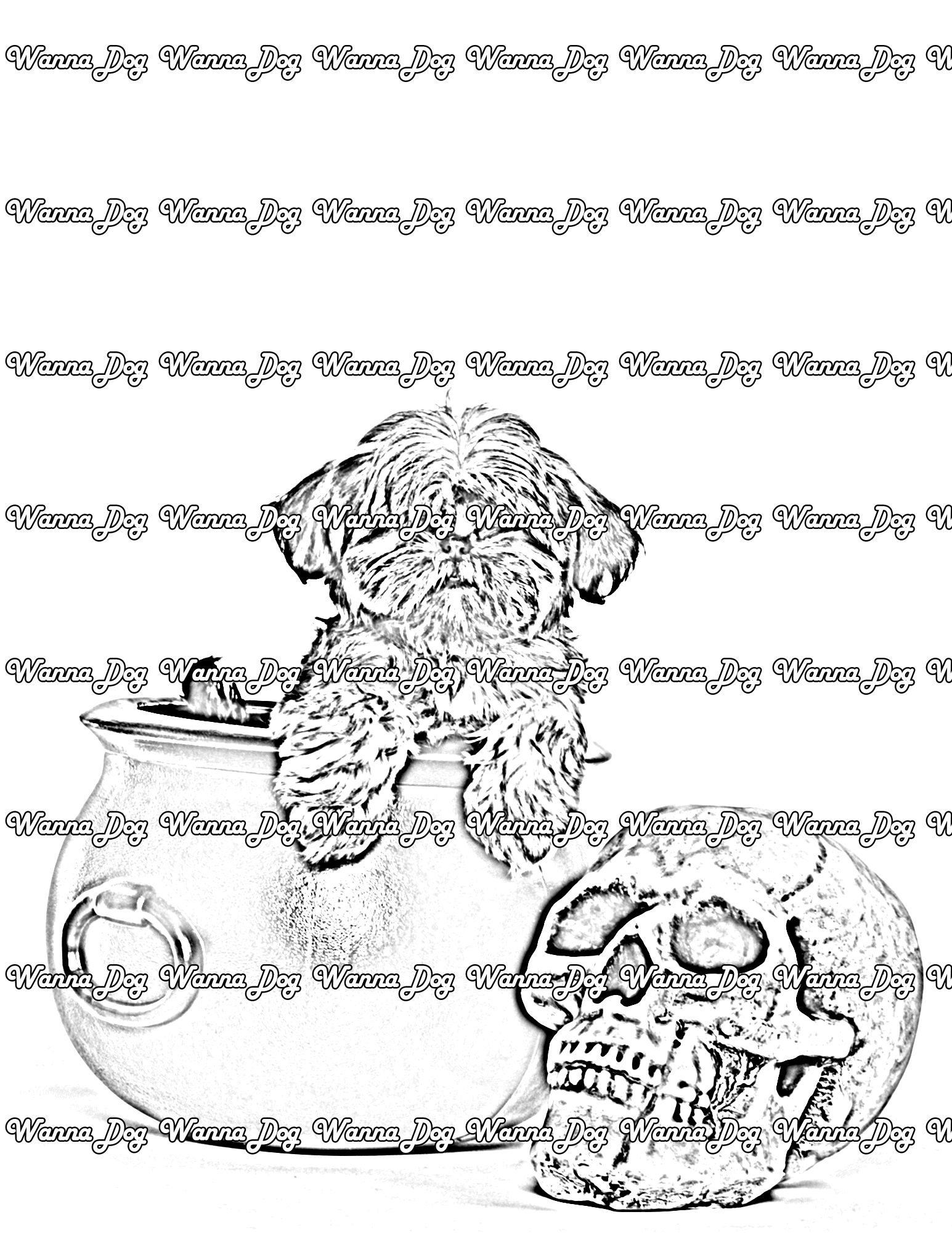 Halloween Puppy Coloring Page of a puppy sitting in a cauldron next to a skull