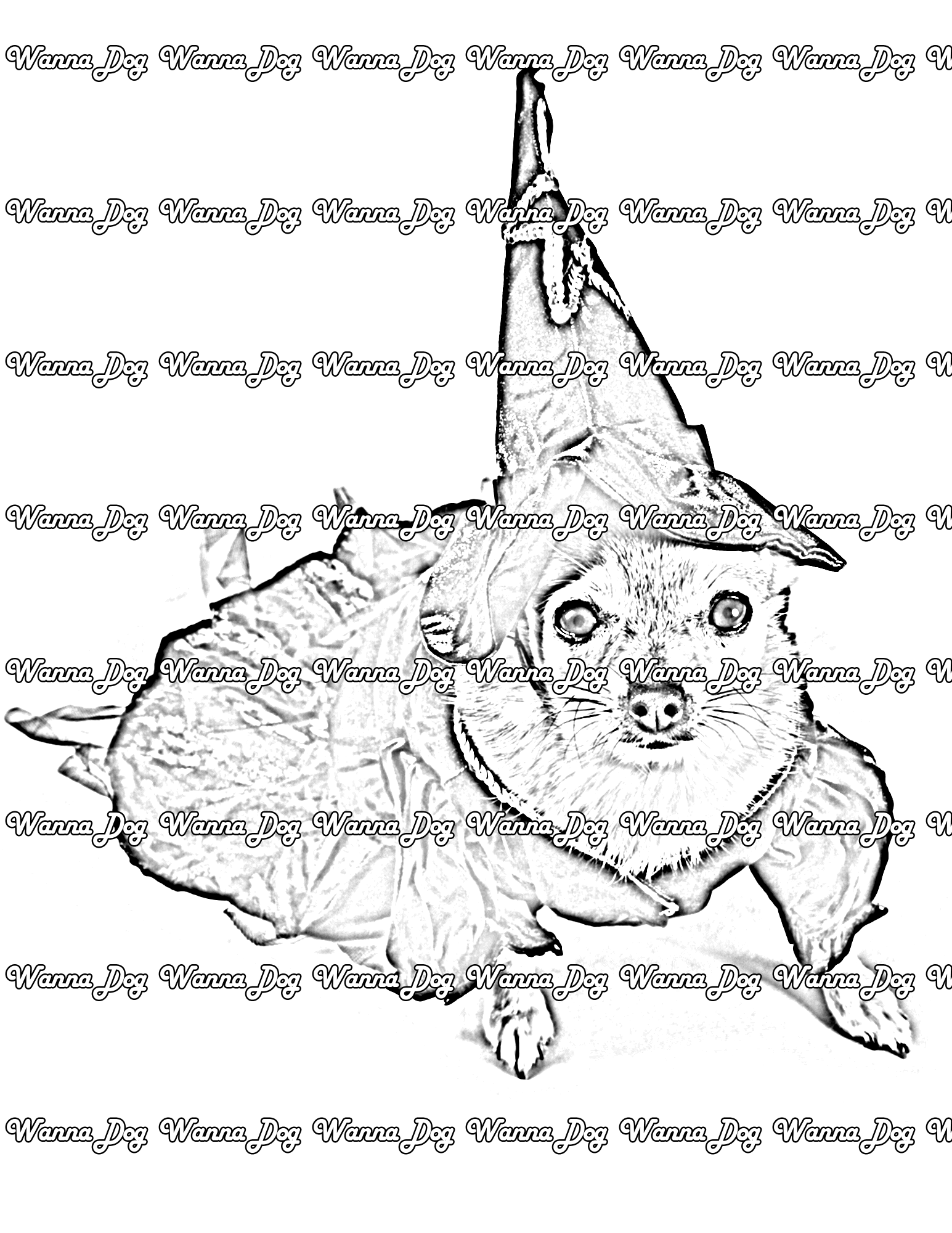 Halloween Puppy Coloring Page of a puppy dressed as a witch