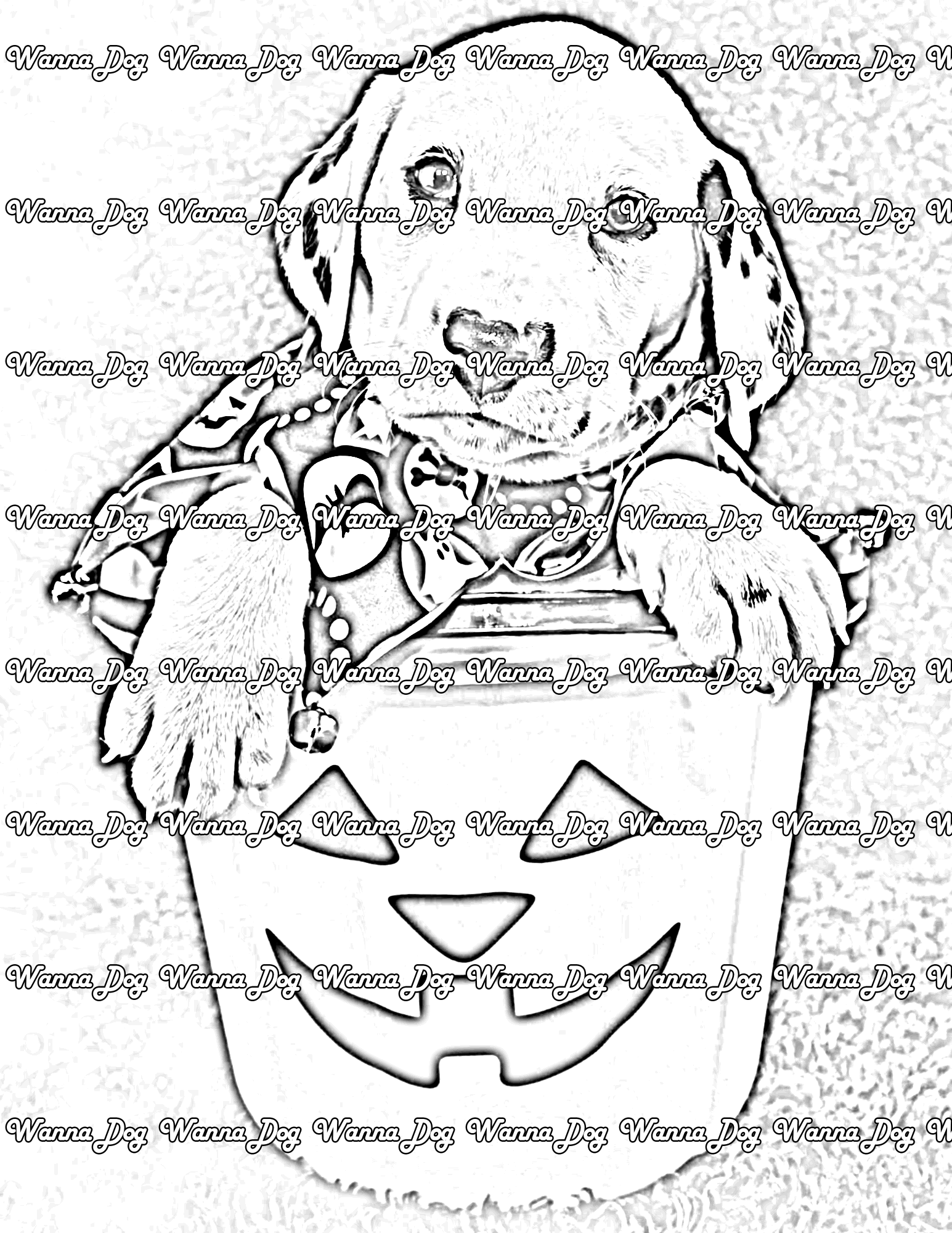 Halloween Puppy Coloring Page of a puppy in a Halloween candy bucket