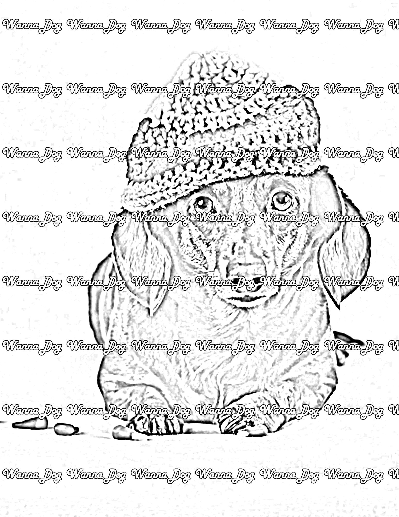 Halloween Puppy Coloring Page of a puppy wearing a hat and laying next to candy corn