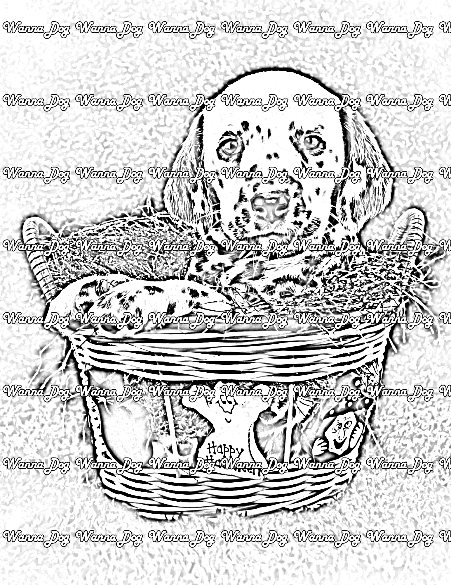 Halloween Puppy Coloring Page of a puppy sitting in a Halloween basket