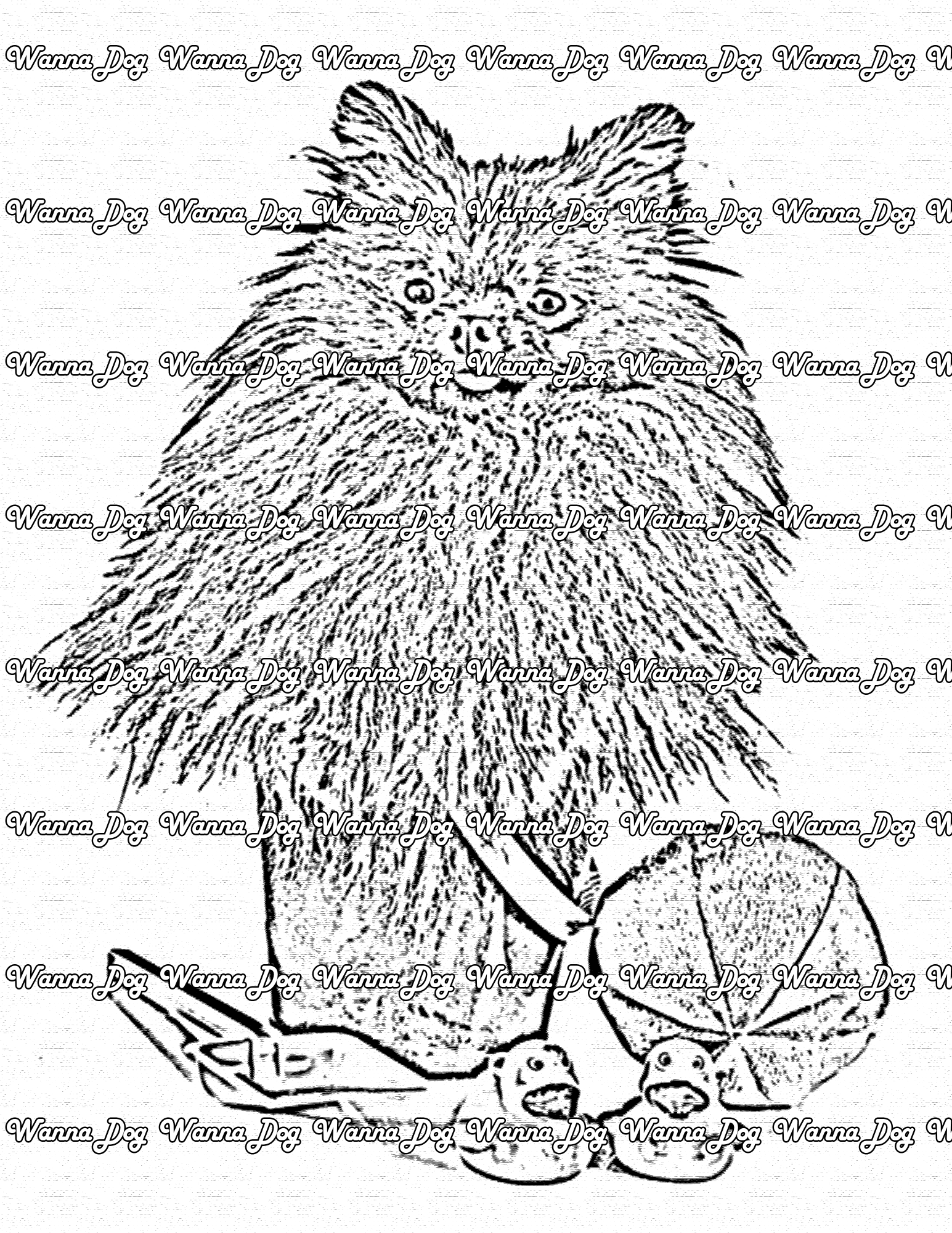 Pomeranian Coloring Page of a Pomeranian in a sand bucket with beach toys