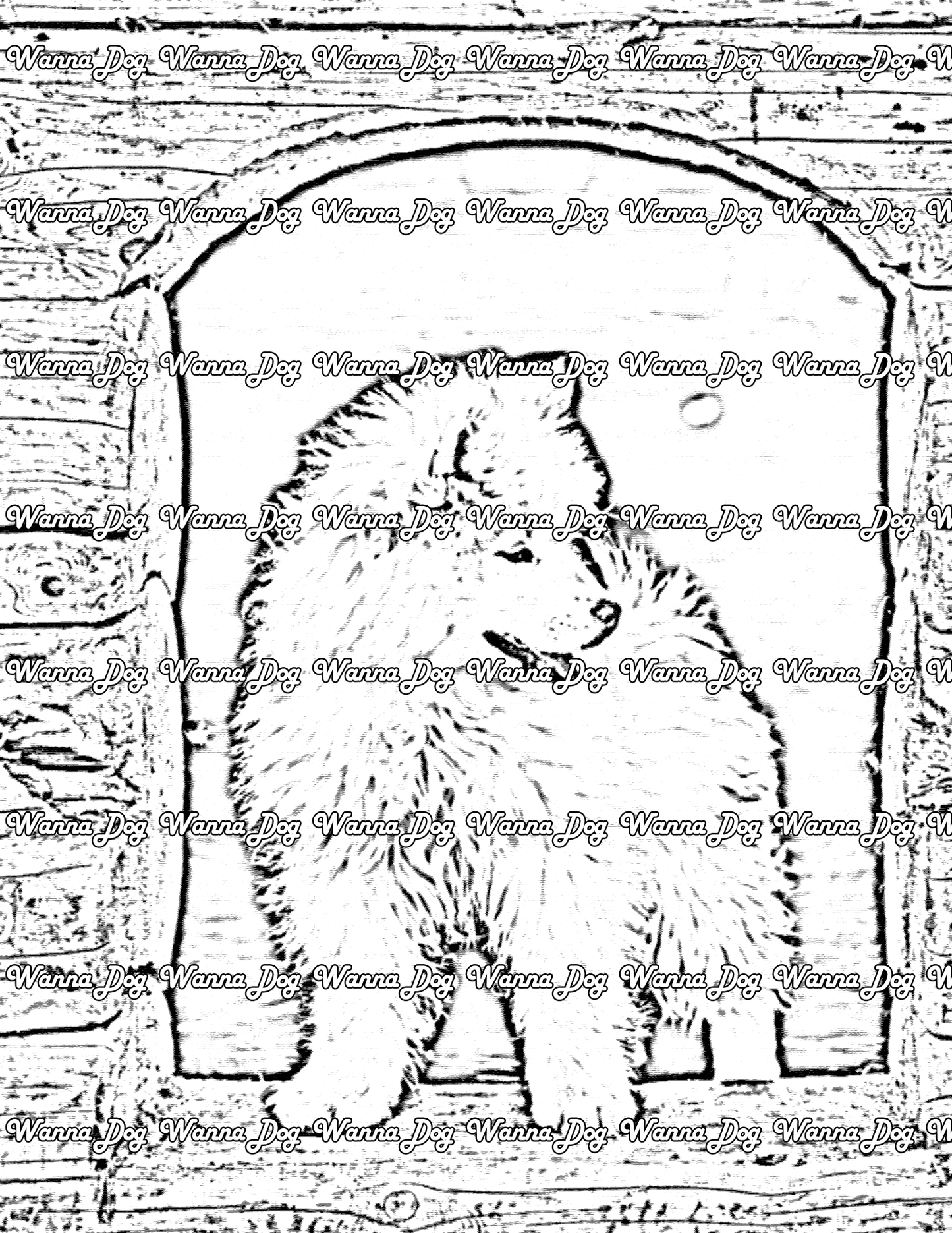 Samoyed Coloring Page of a Samoyed standing in a dog house