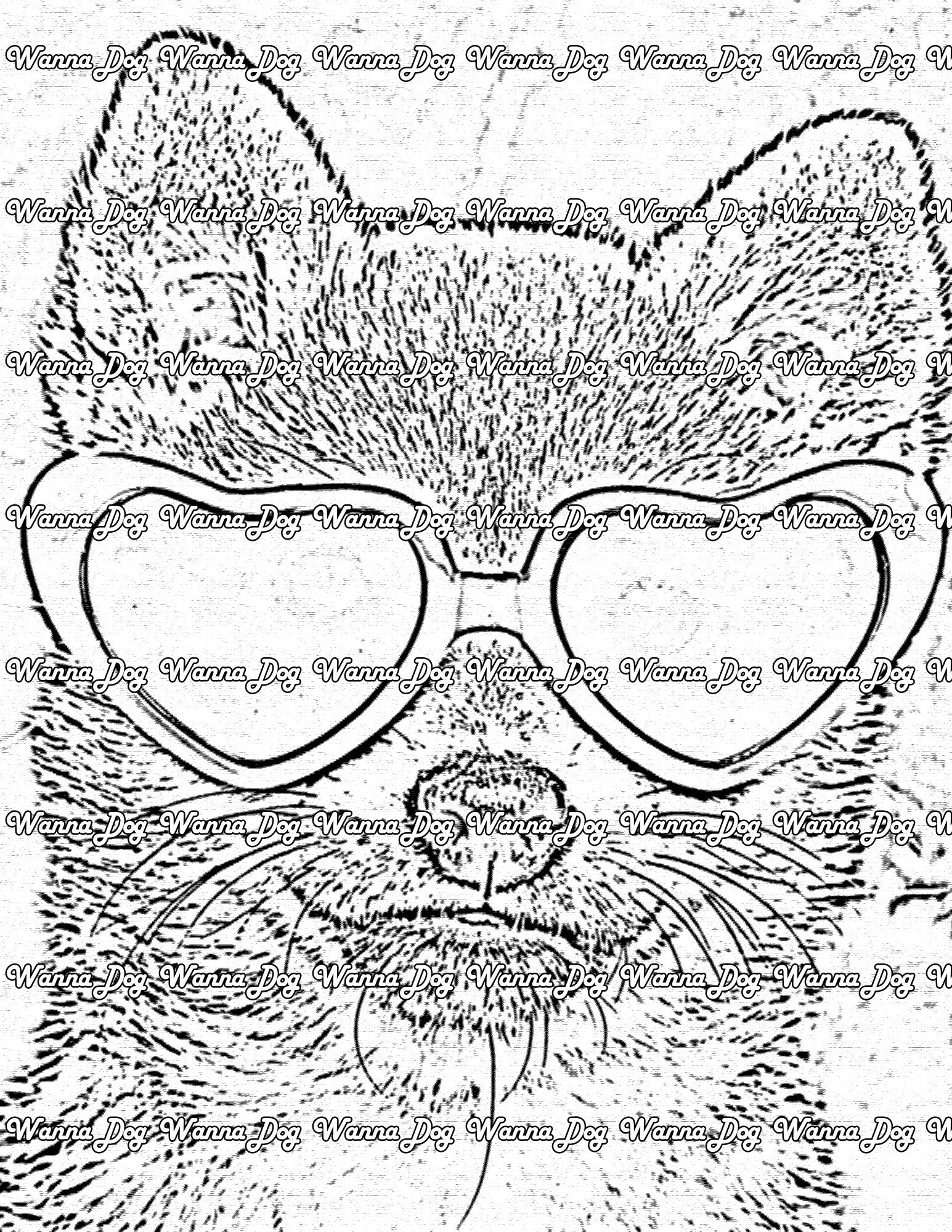 Shiba Inu Coloring Page of a Shiba Inu wearing heart-shaped sunglasses