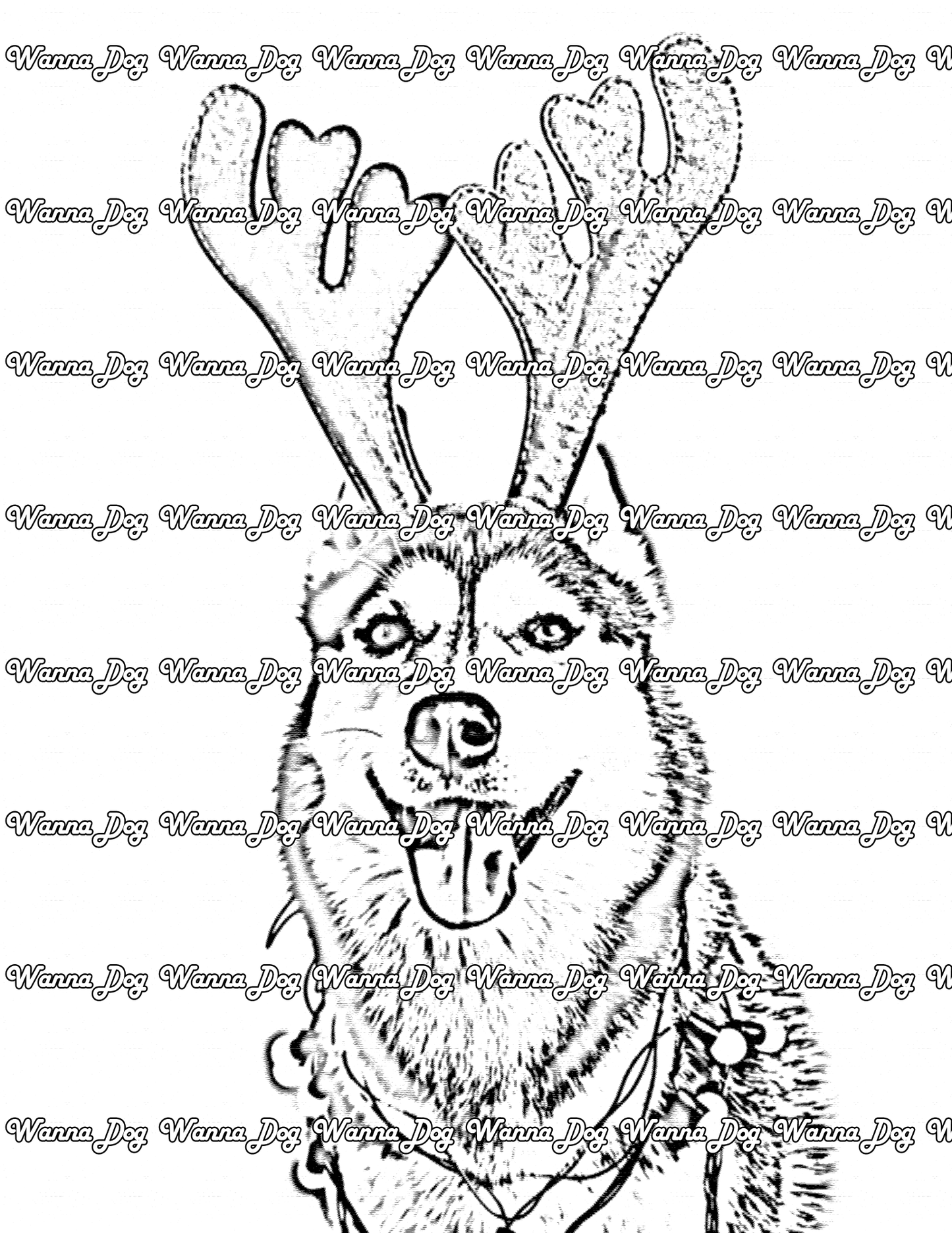 Siberian Husky Coloring Page of a Siberian Husky wearing antlers and smiling