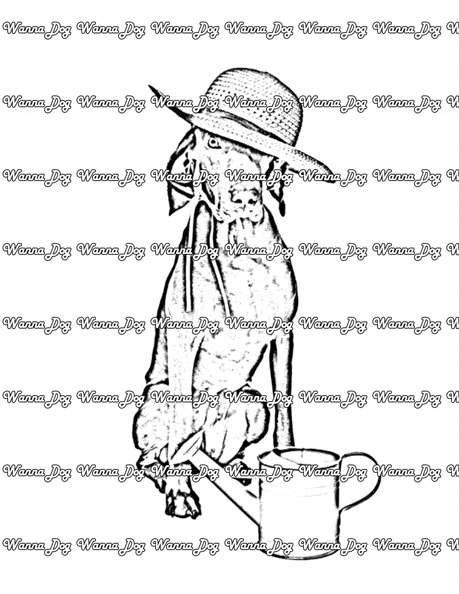 Weimaraner Coloring Page of a Weimaraner ready for gardening